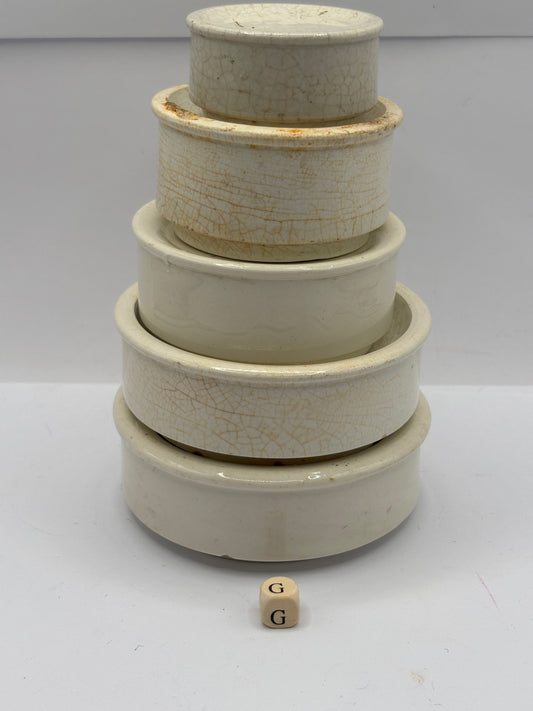 5 old stoneware pot lid bases, stackers (G)