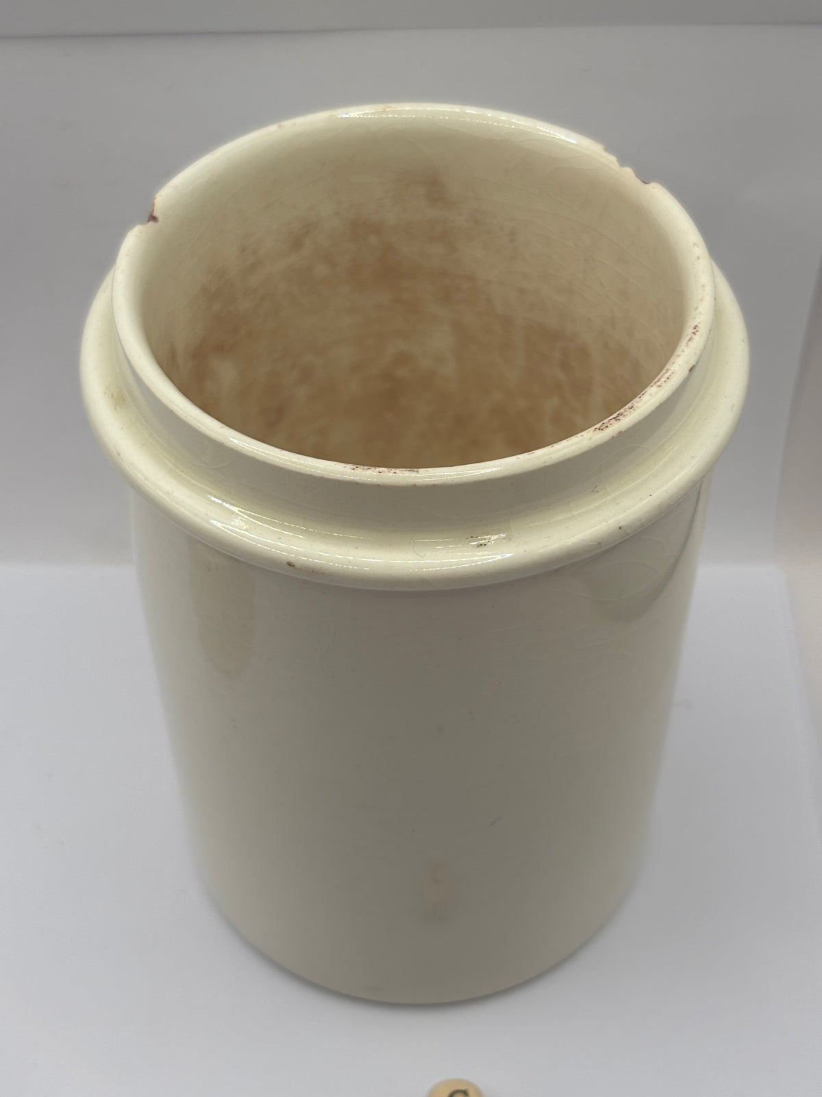 Old large plain white stoneware apothecary jar (c) chippy & stained