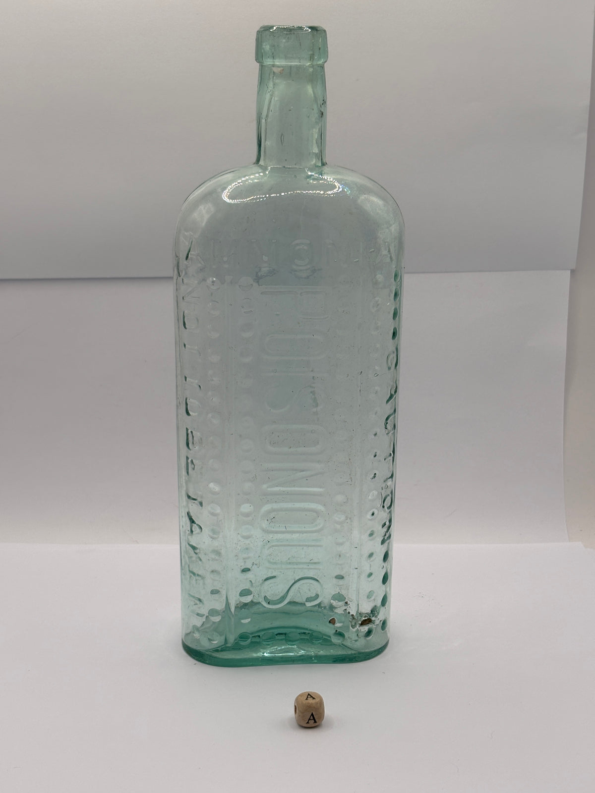 Old large aqua glass poison bottle 24cms (a)