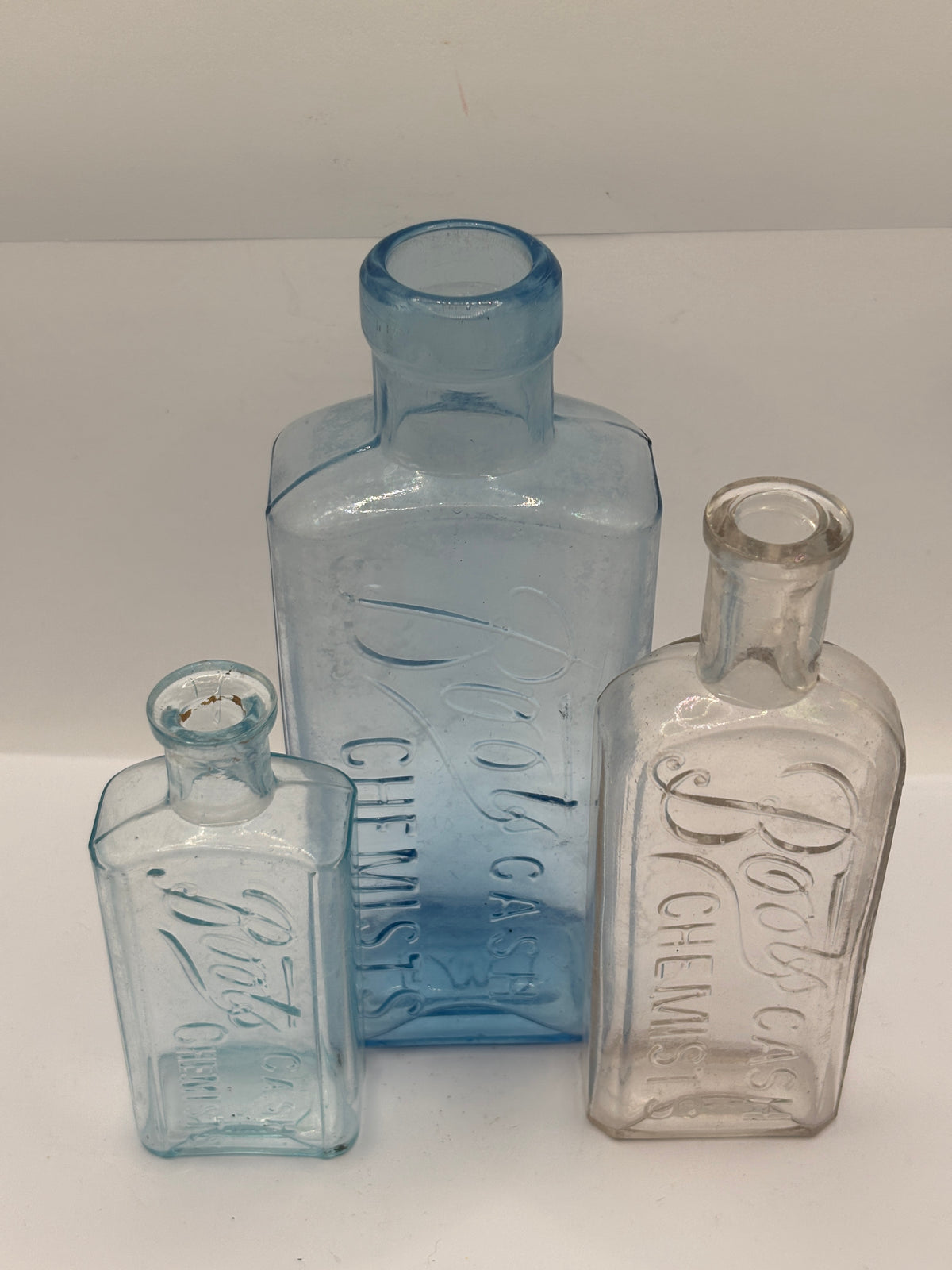 3 crusty old Boots cash chemist bottles