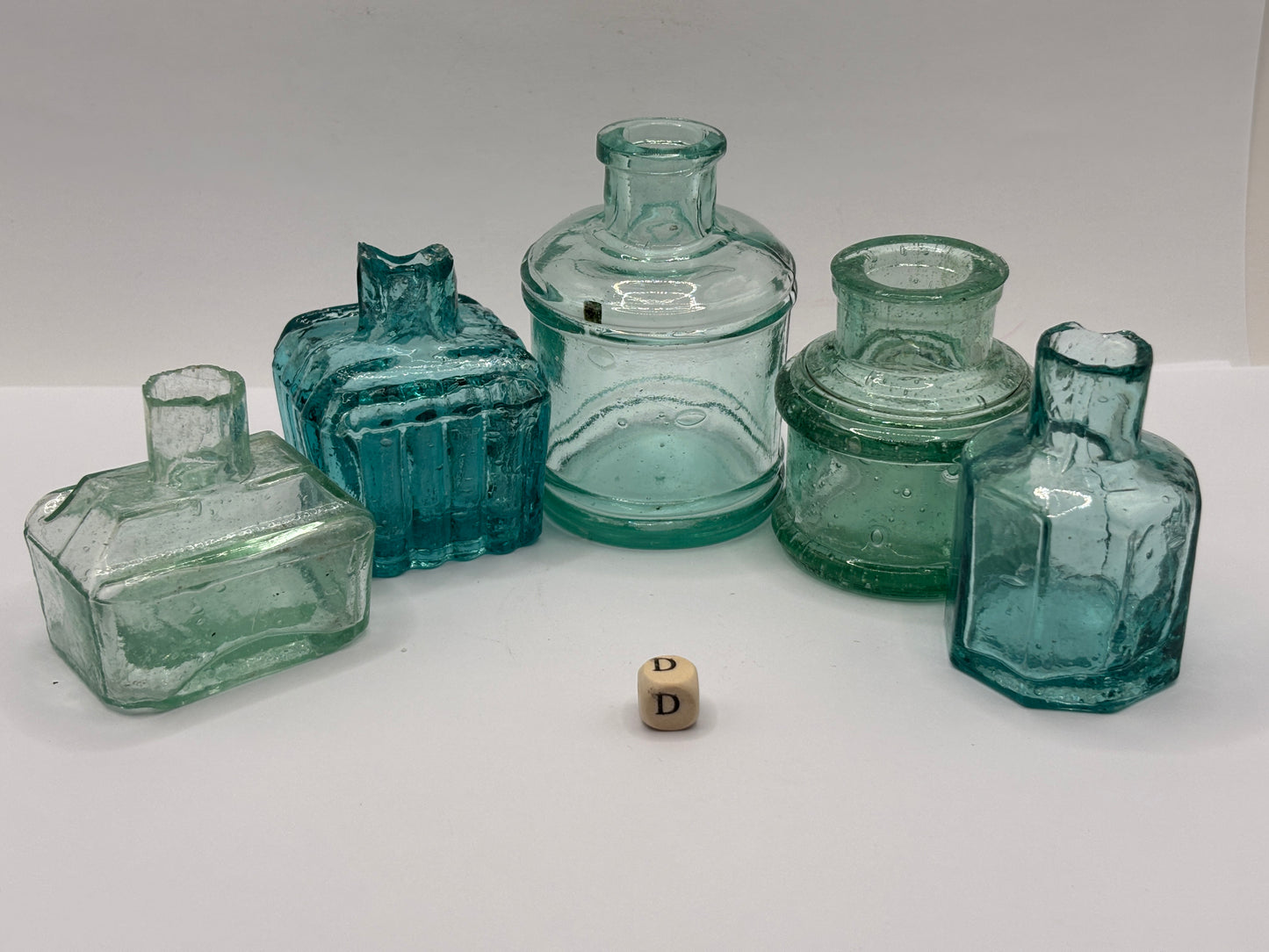 5 old glass inks, inkwells, ink bottles (D)