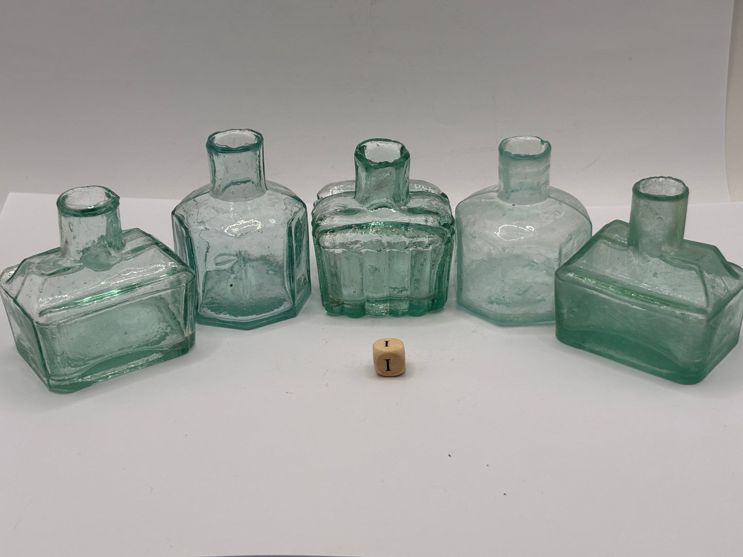 5 old aqua glass inks, inkwells, ink bottles, penny ink (i)