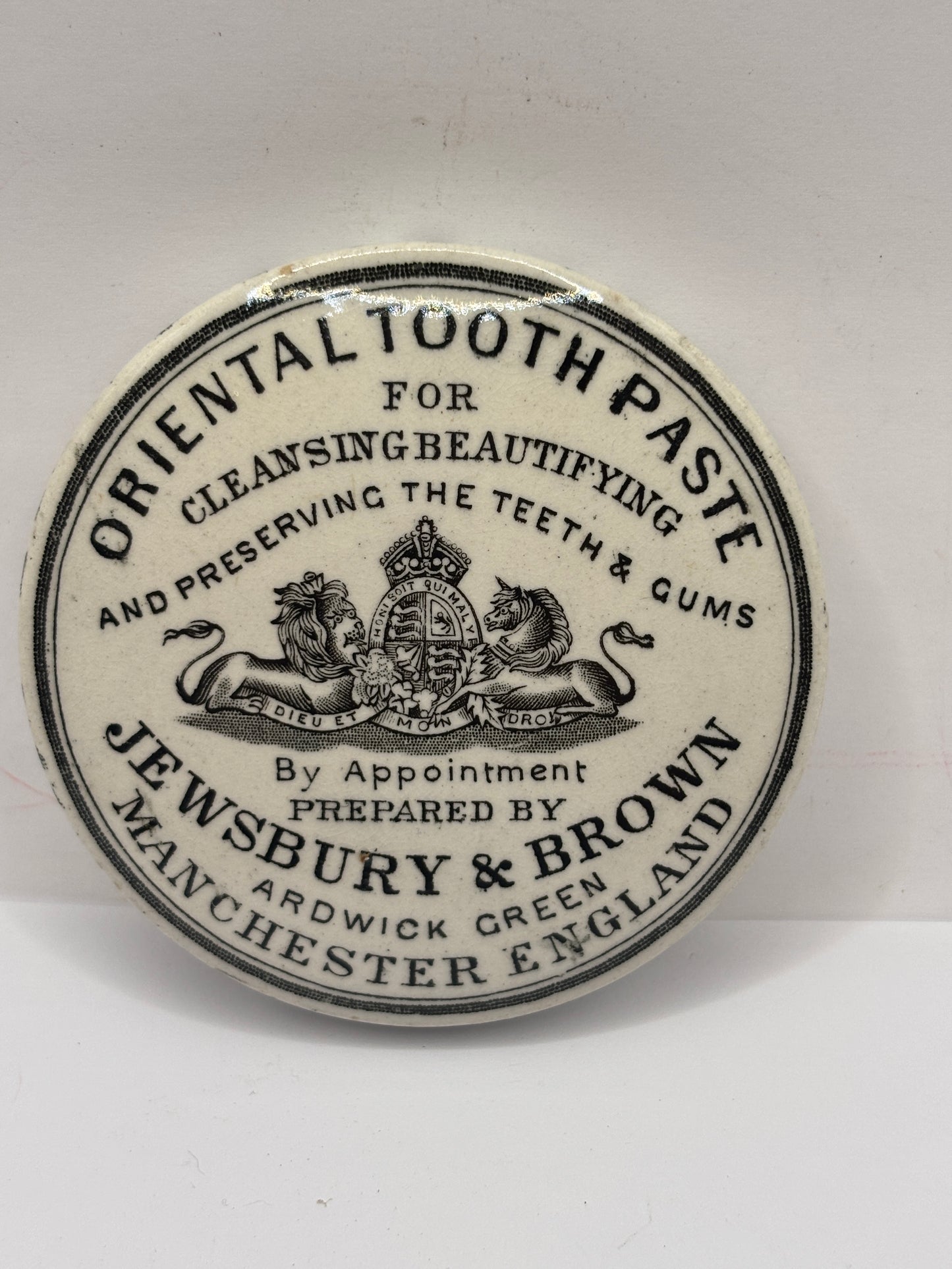 Old advertising lid, Jewsbury & brown oriental tooth paste