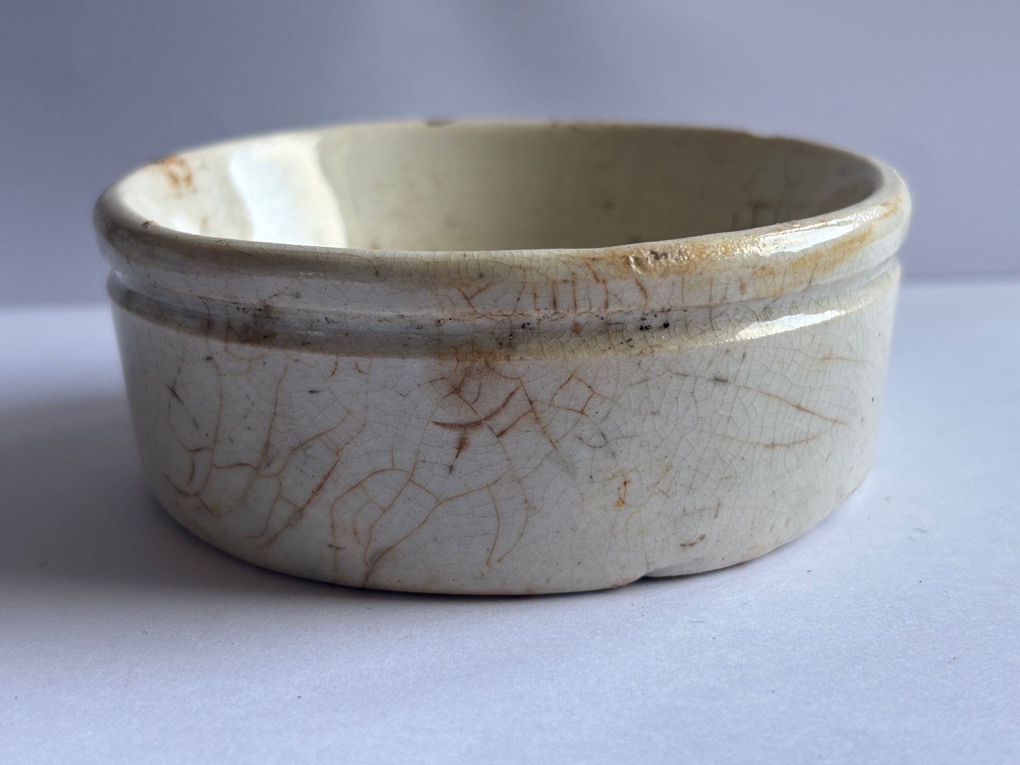 Old stained & crazed stoneware meat paste pot