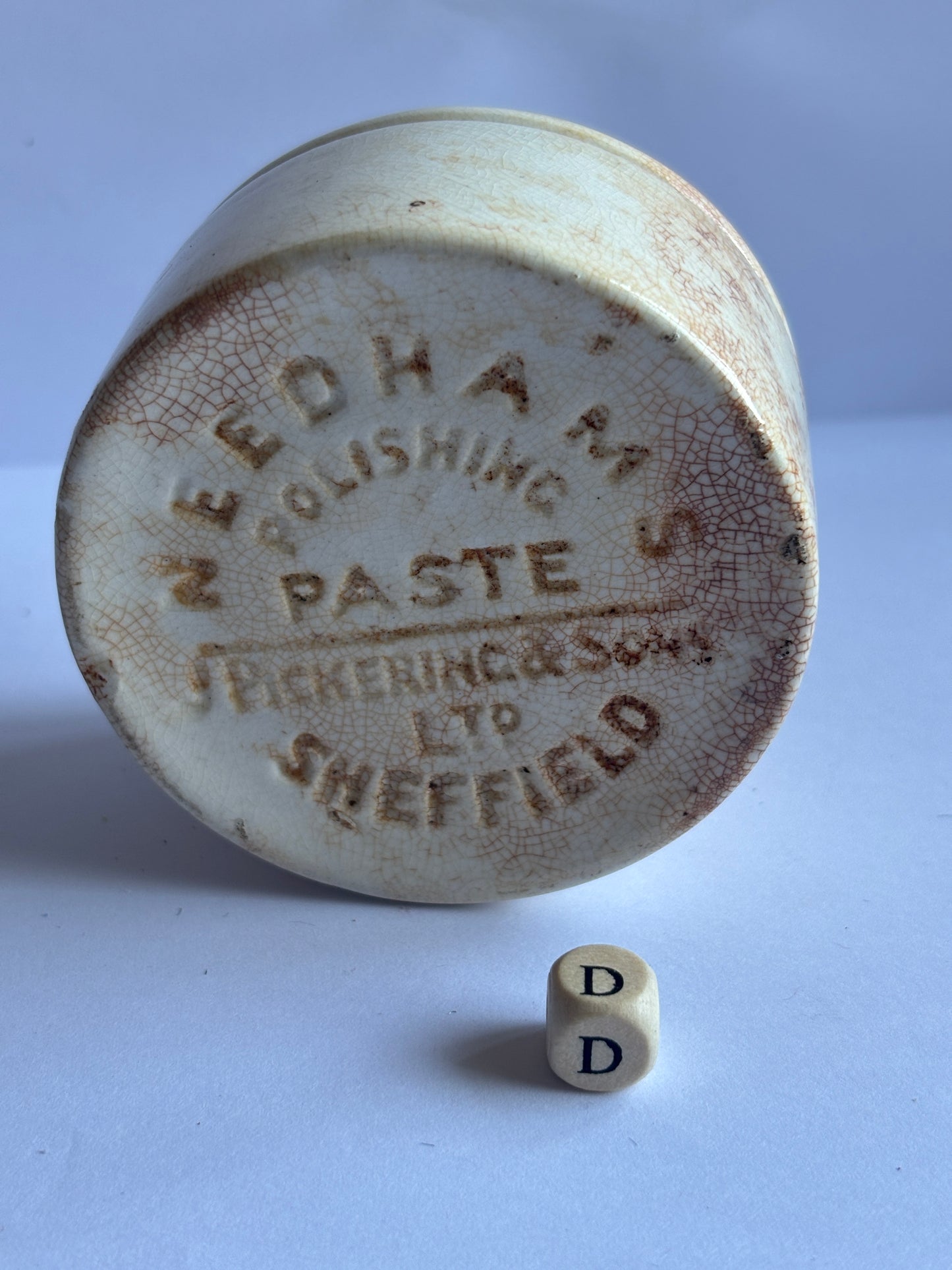Old stained & crazed stoneware paste pot, Needhams polishing paste (D)