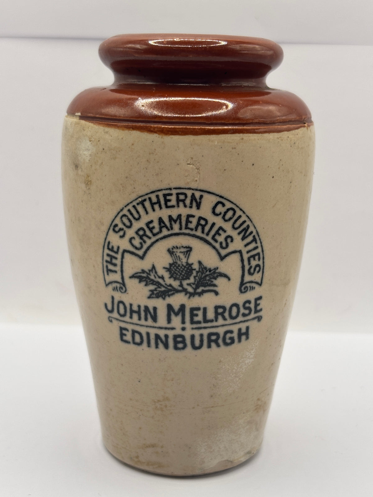 Old advertising cream pot, John Melrose, The southern counties creamery 12.5cms