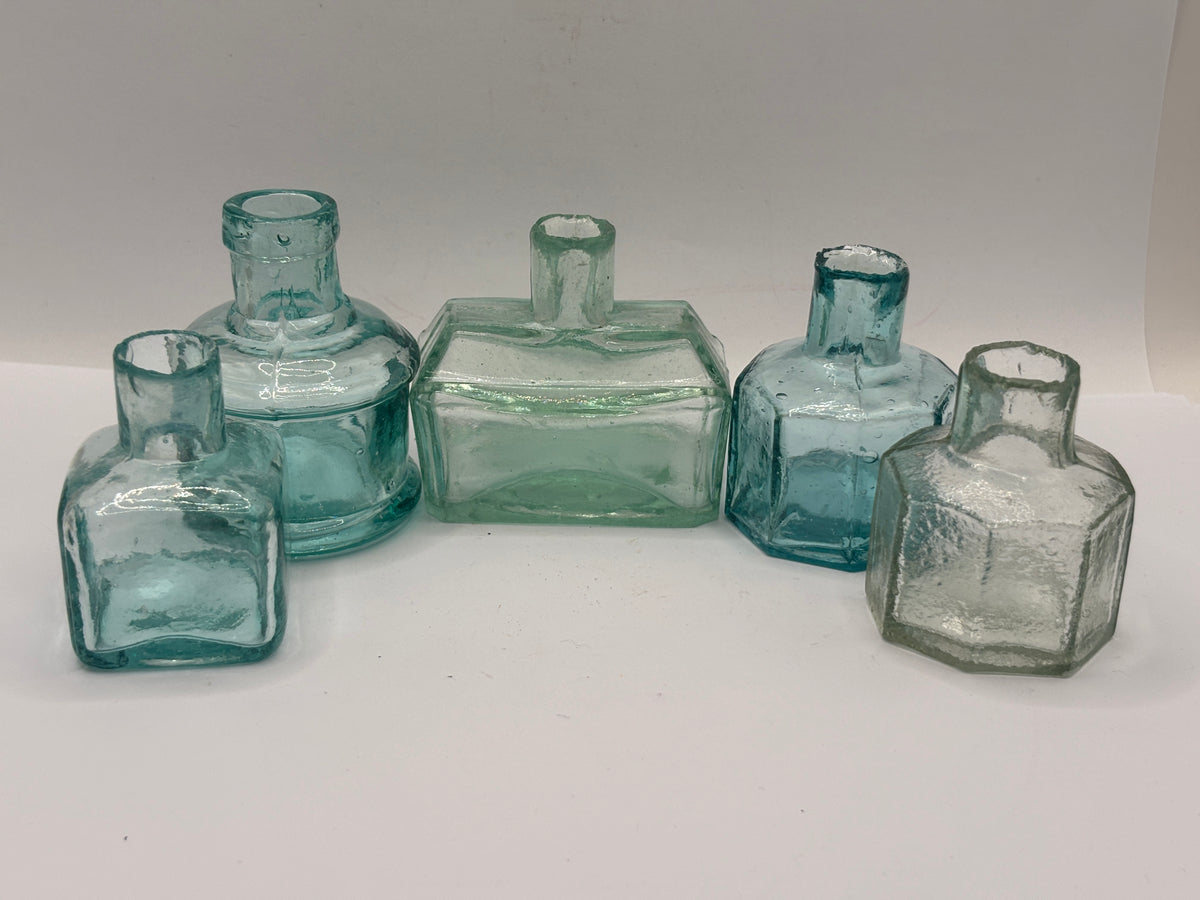5 old aqua glass inks, inkwells, ink bottles, penny ink