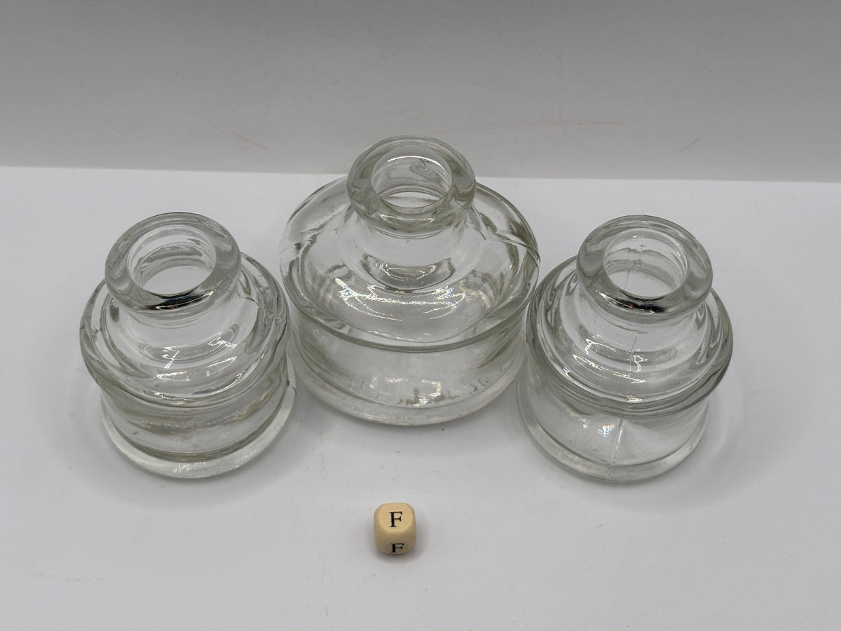 5 old clear glass inks, inkwells, ink bottles (f)