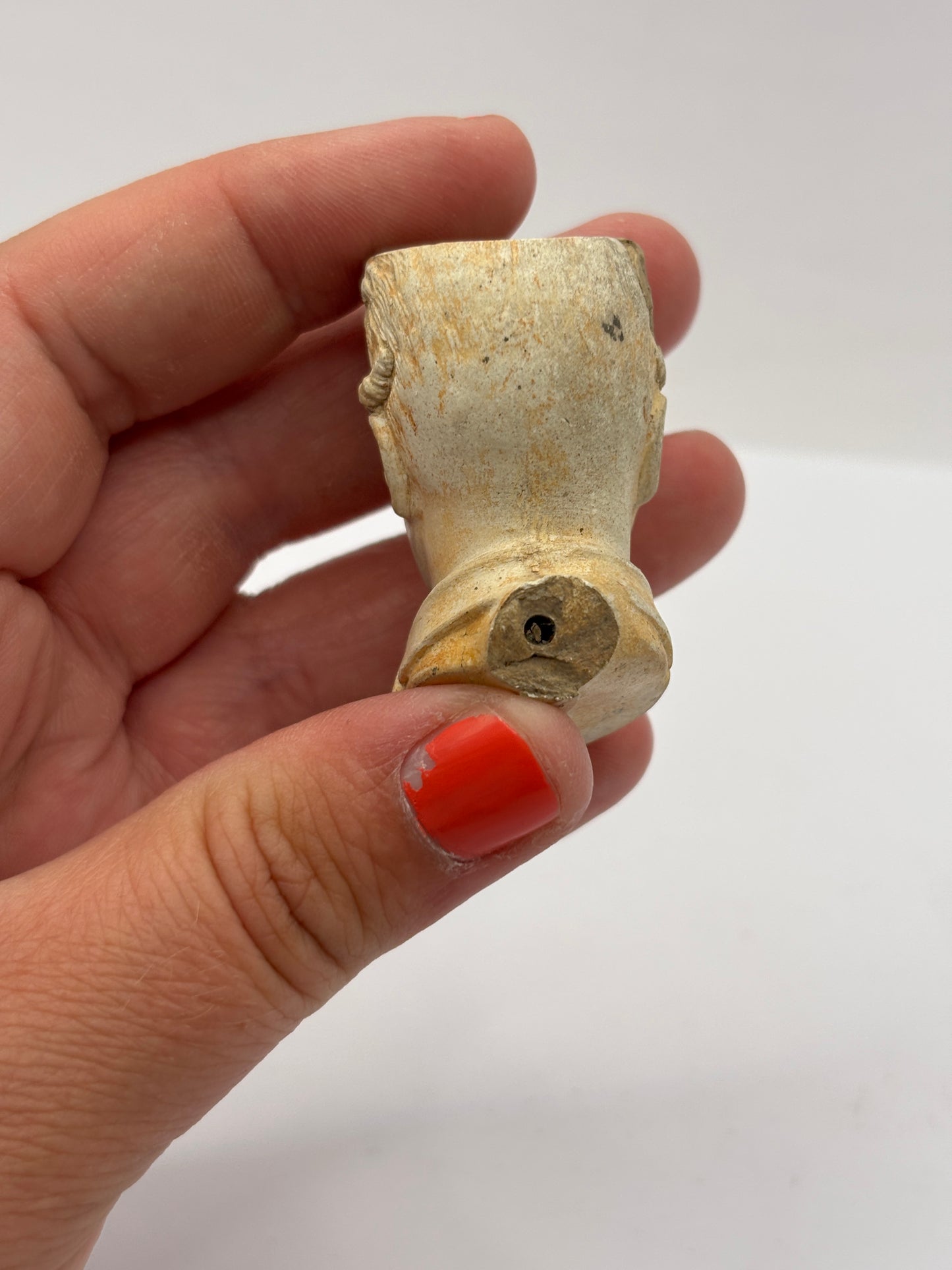 Old figural clay pipe head, pipe bowl