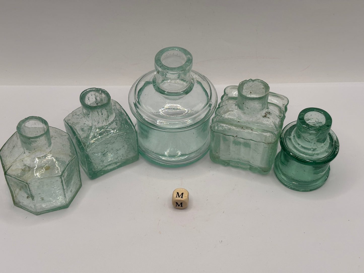 5 old aqua glass inks, inkwells, ink bottles, penny ink (m)