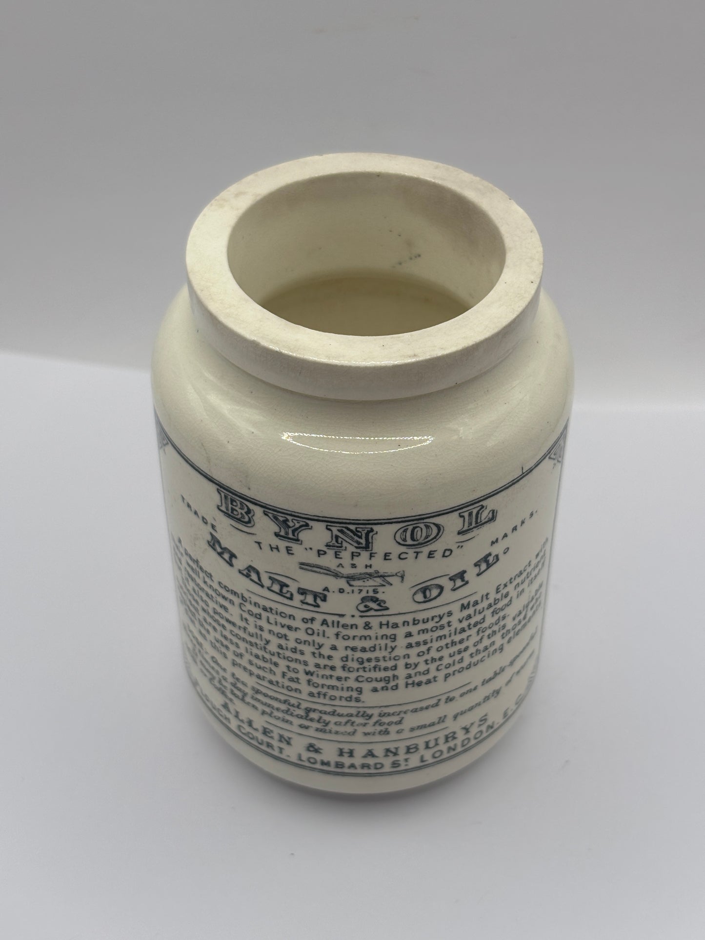Old advertising jar, Bynol the perfected malt & oil