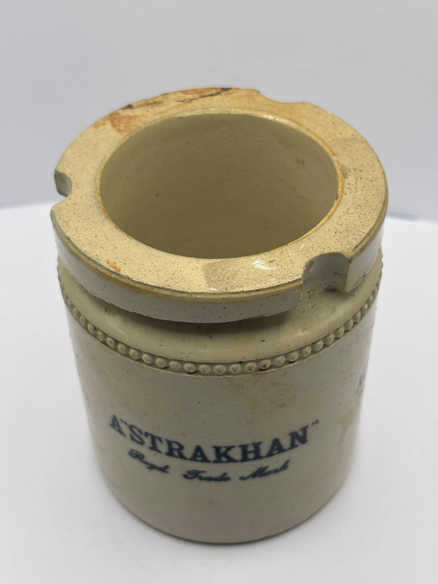 Old stoneware caviare jar. Astrakhan molossol caviare