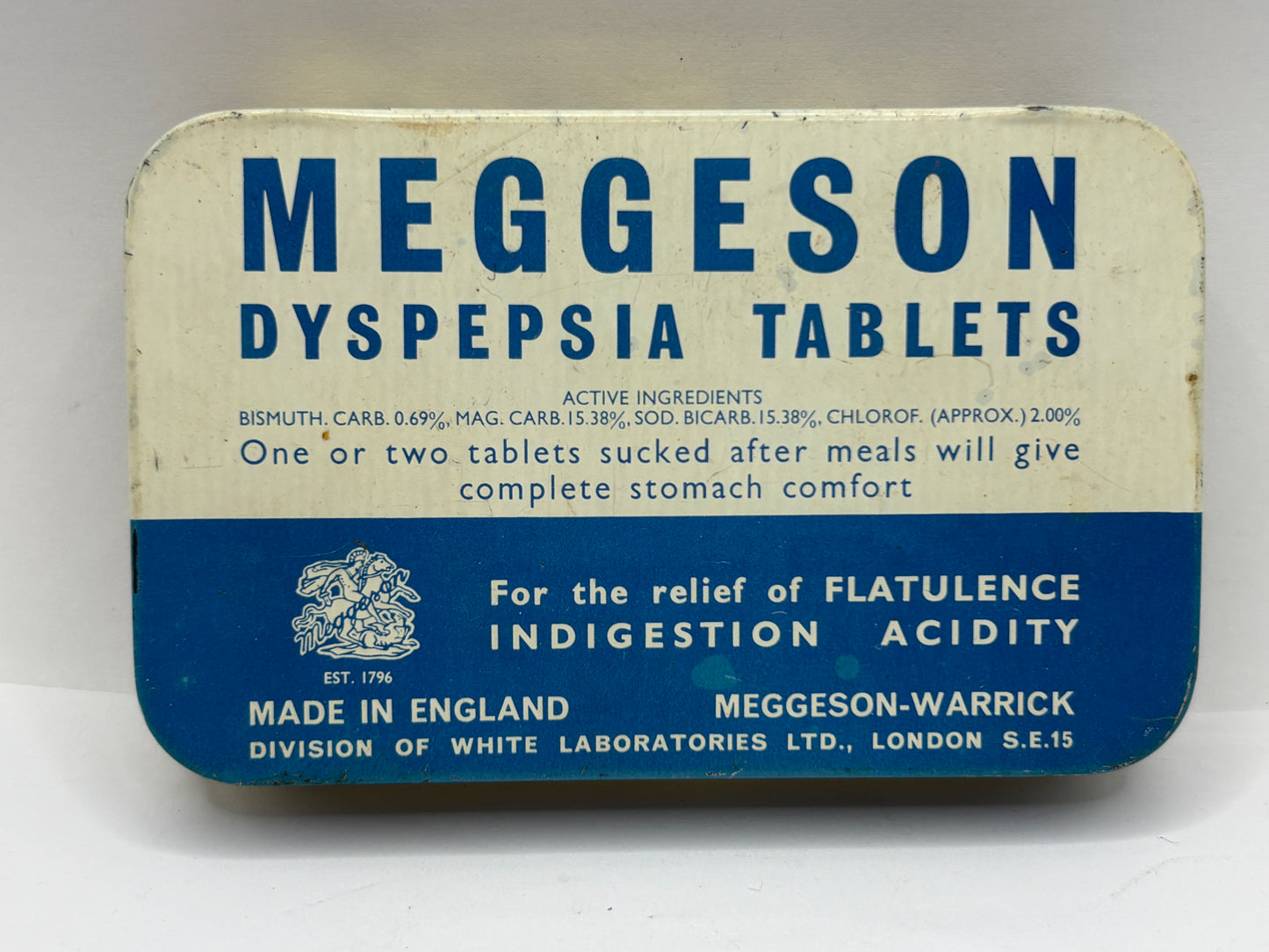 Old advertising tin, Meggeson dyspepsia tablets