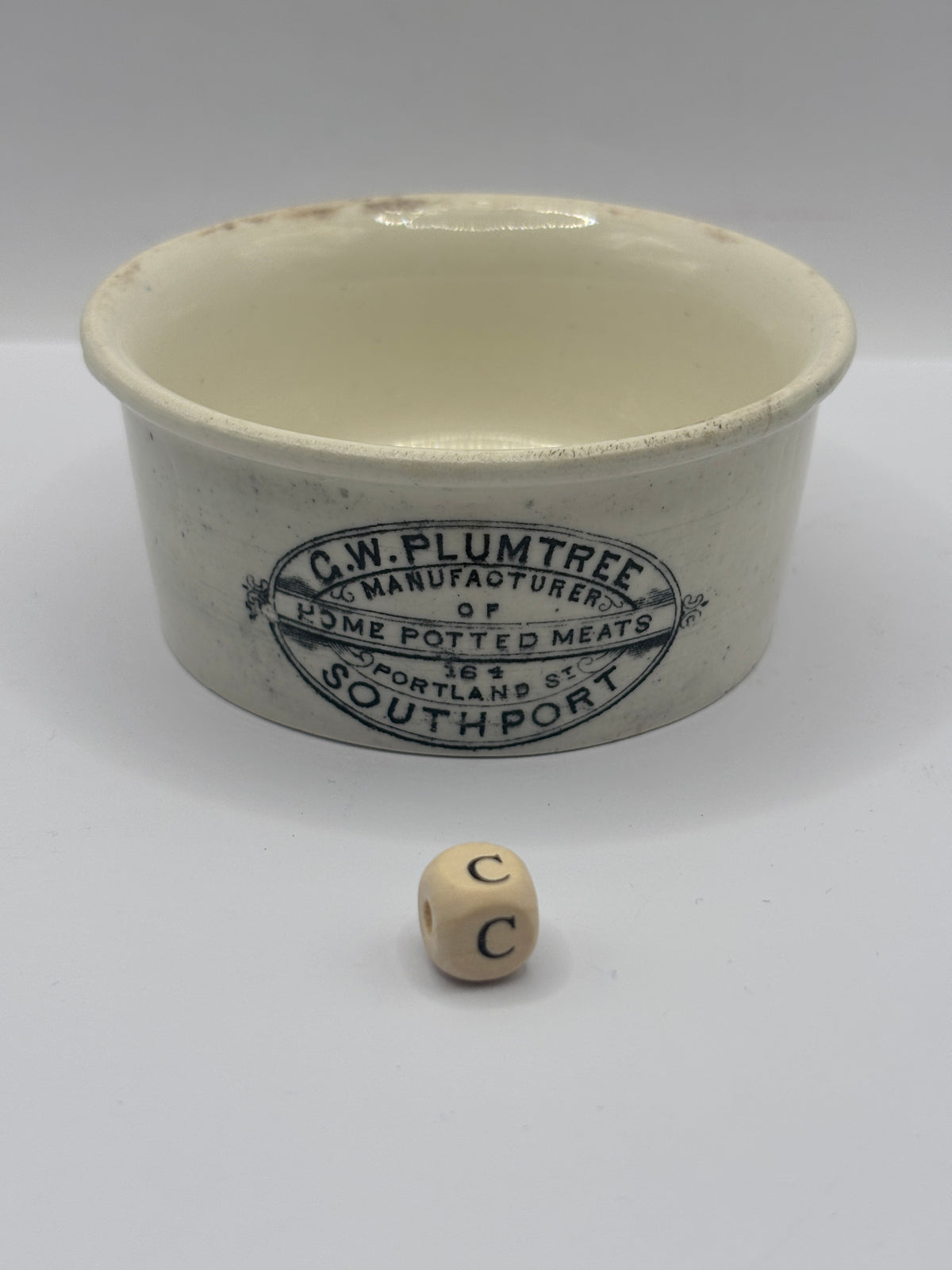 Old advertising meat paste pot, Plumtree home potted meats (c)