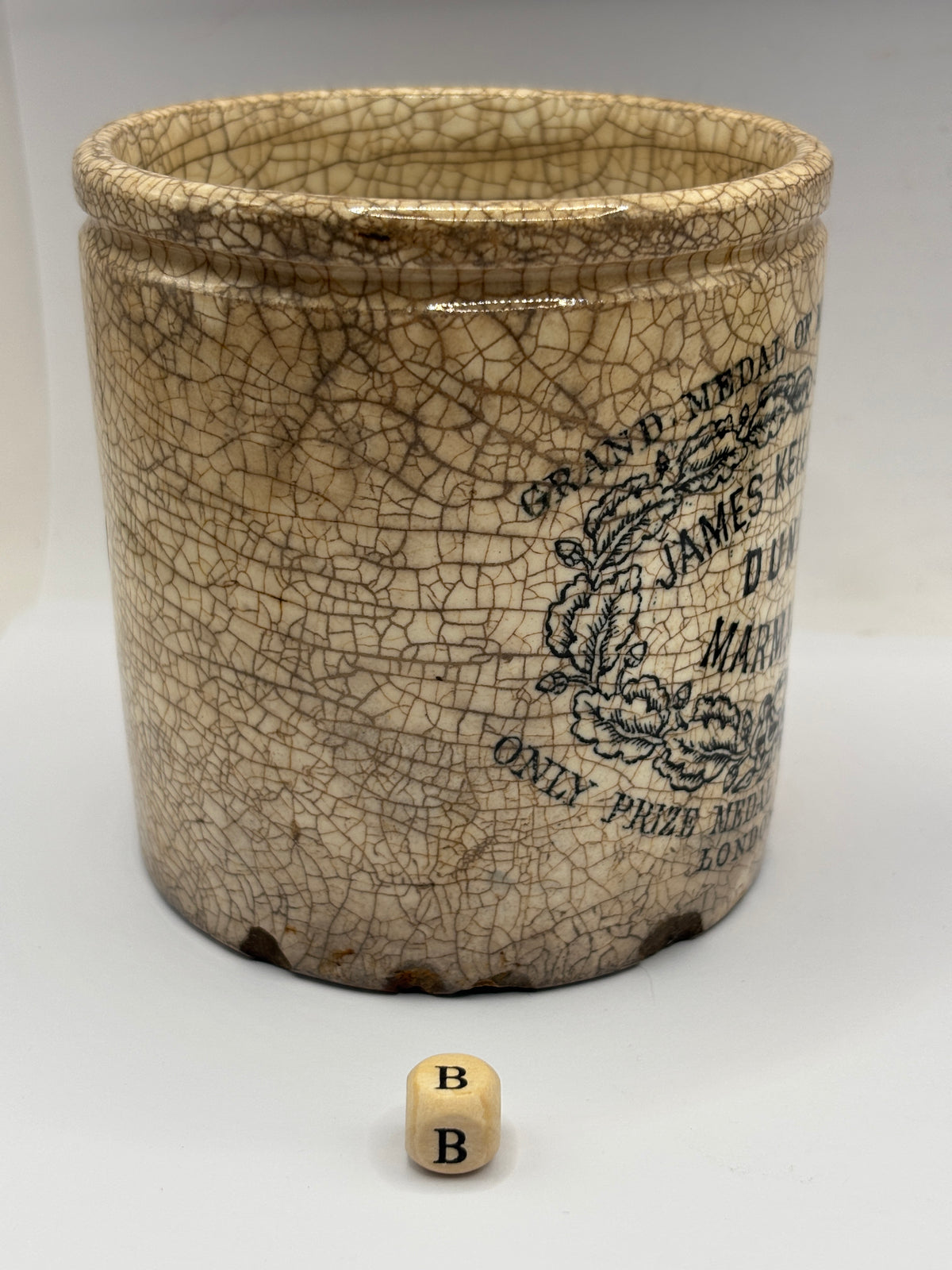 Old 1lb stoneware marmalade pot, James Keiller Dundee marmalade (B) chippy