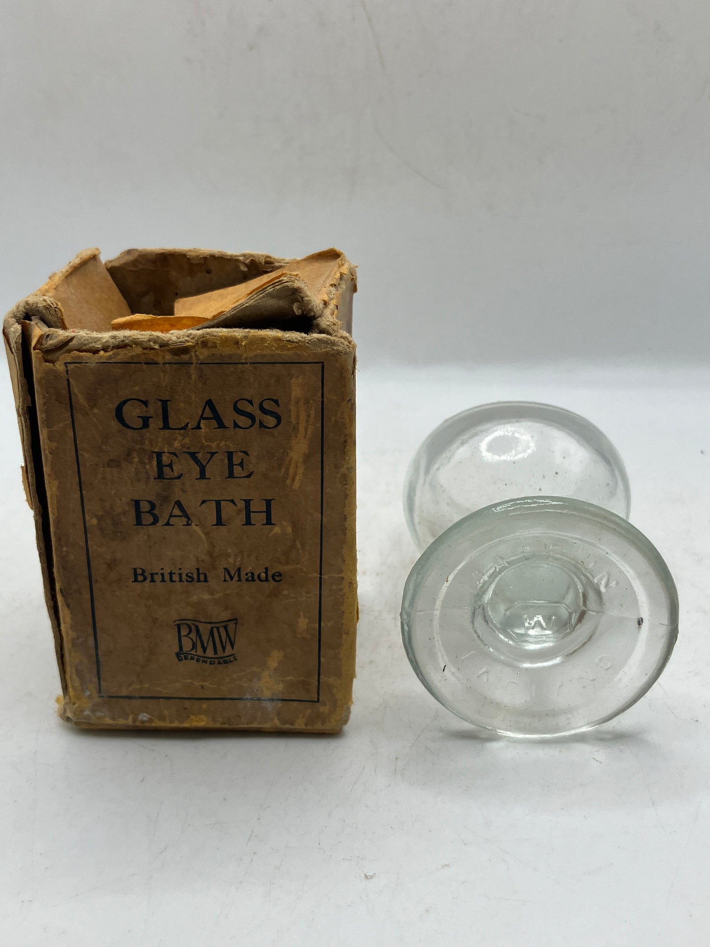 Clear glass eye bath with original box