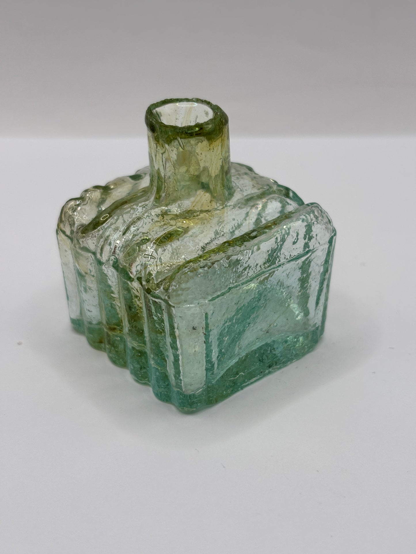 Old aqua glass ribbed ink with swirls