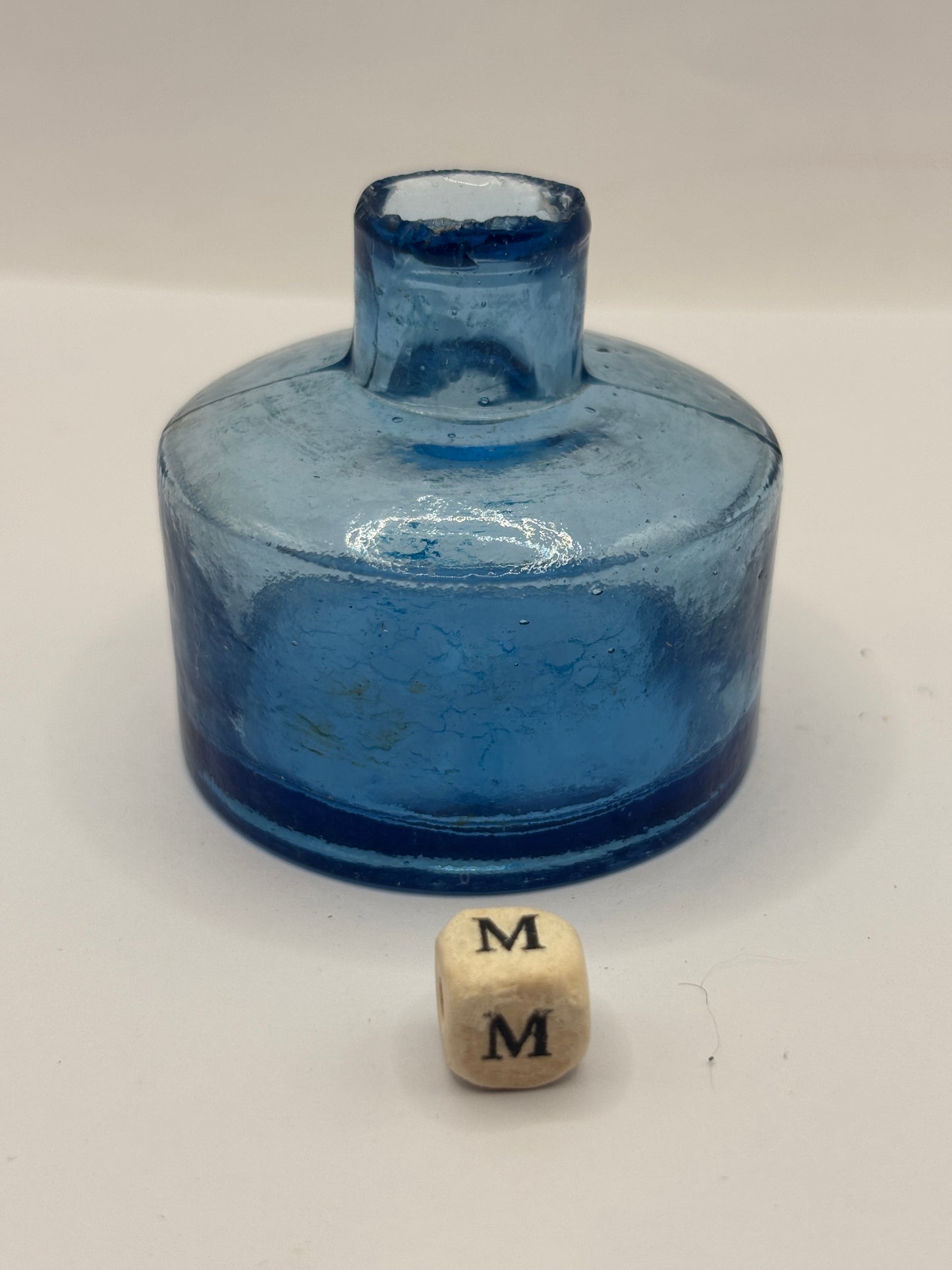 Old blue glass ink bottle, inkwell (m)