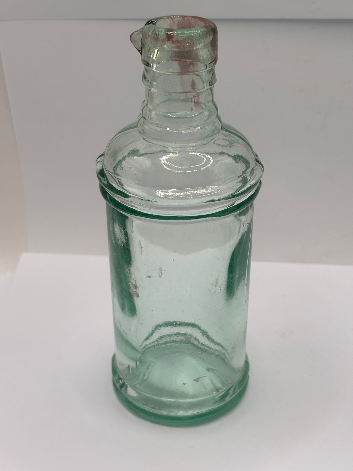 Old tall aqua glass inkwell, ink bottle, pouring ink 14.5cms