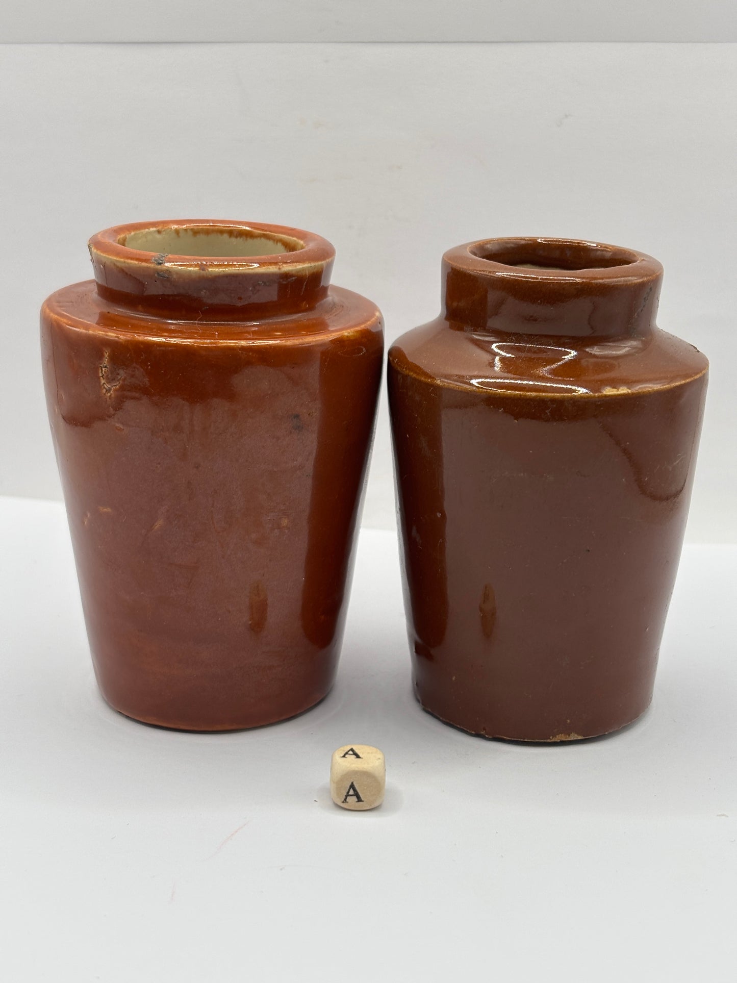 2 old small brown stoneware cream pots (a)