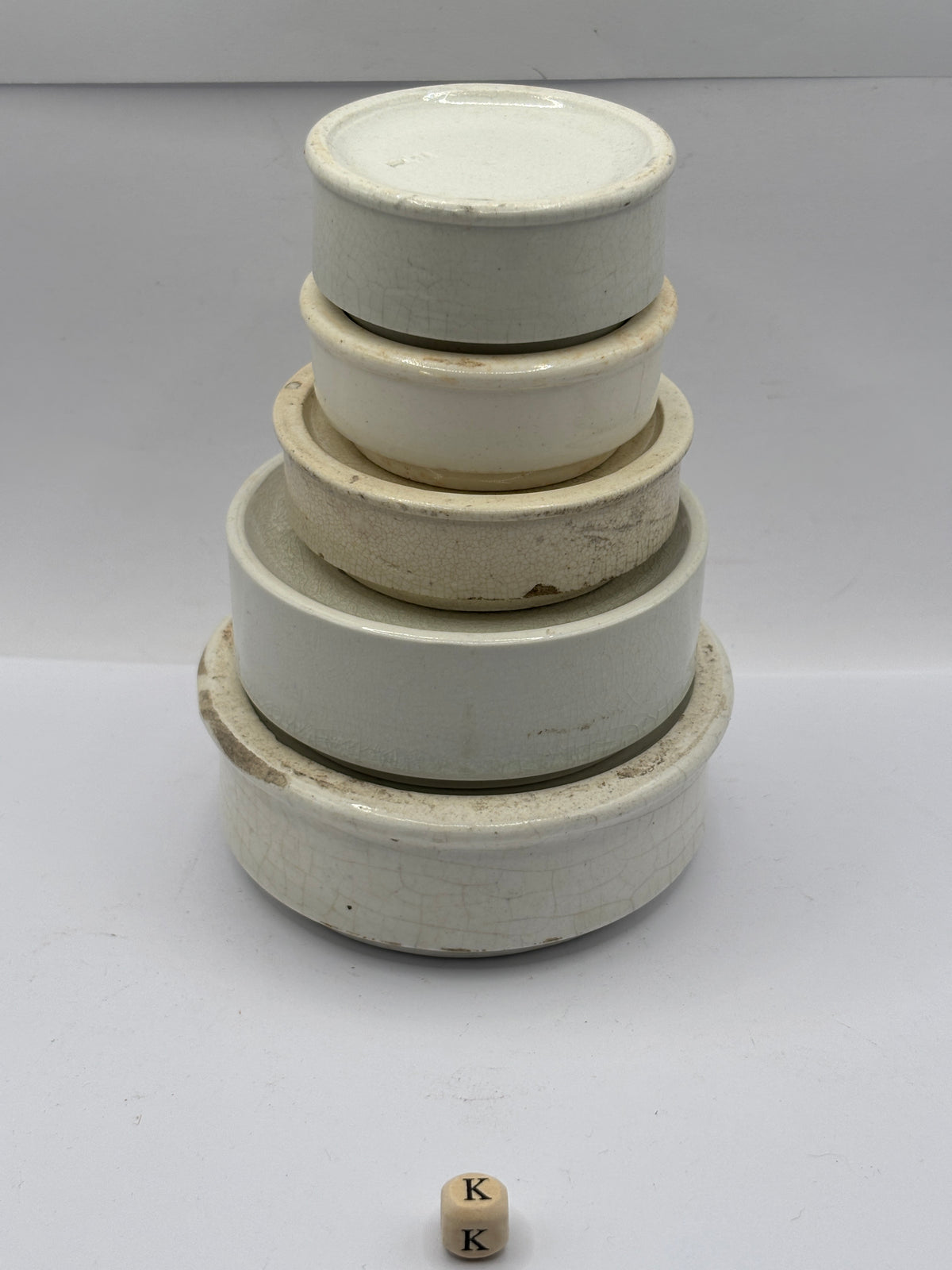 5 old stoneware pot lid bases, stackers (k)