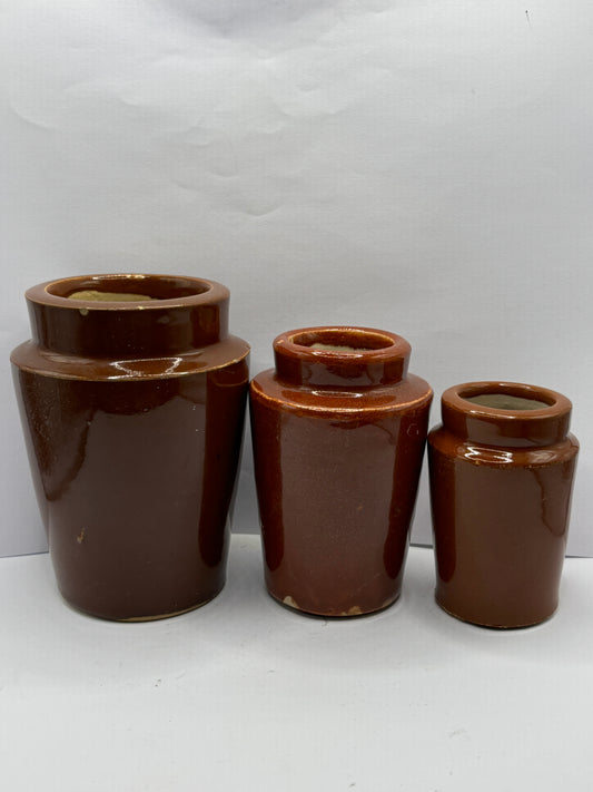 3 old brown stoneware cream pots, creamers