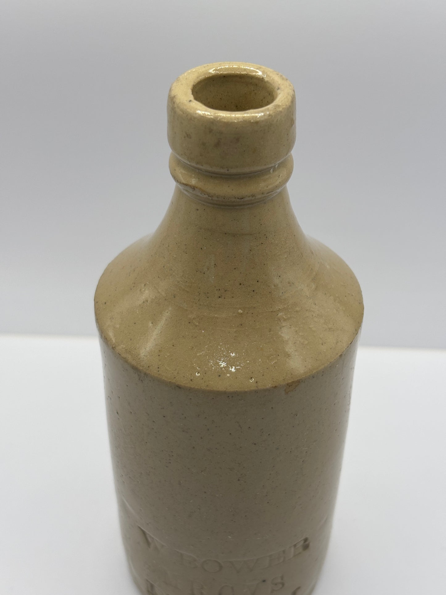 Old White Stoneware Vets Bottle, W.Bower, M.B CVS RUDHAM 17cms