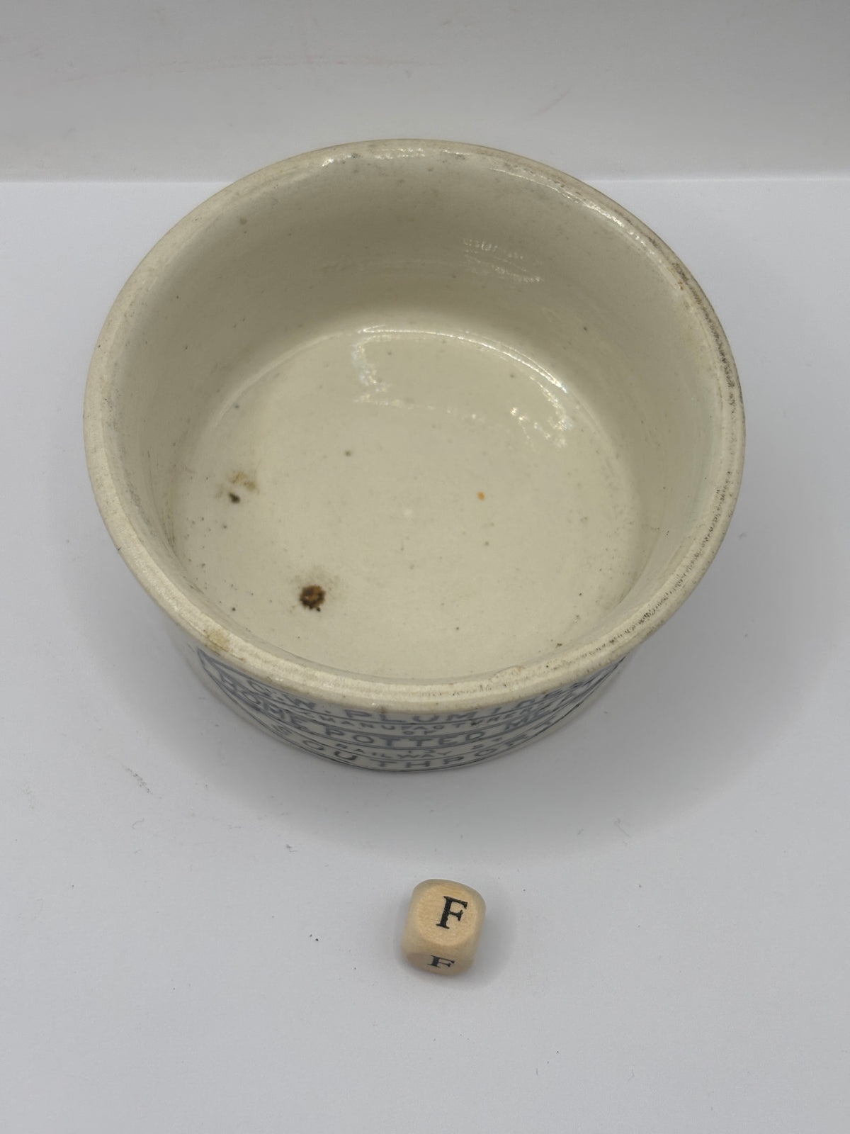 Old advertising meat paste pot, Plumtree home potted meats (f)