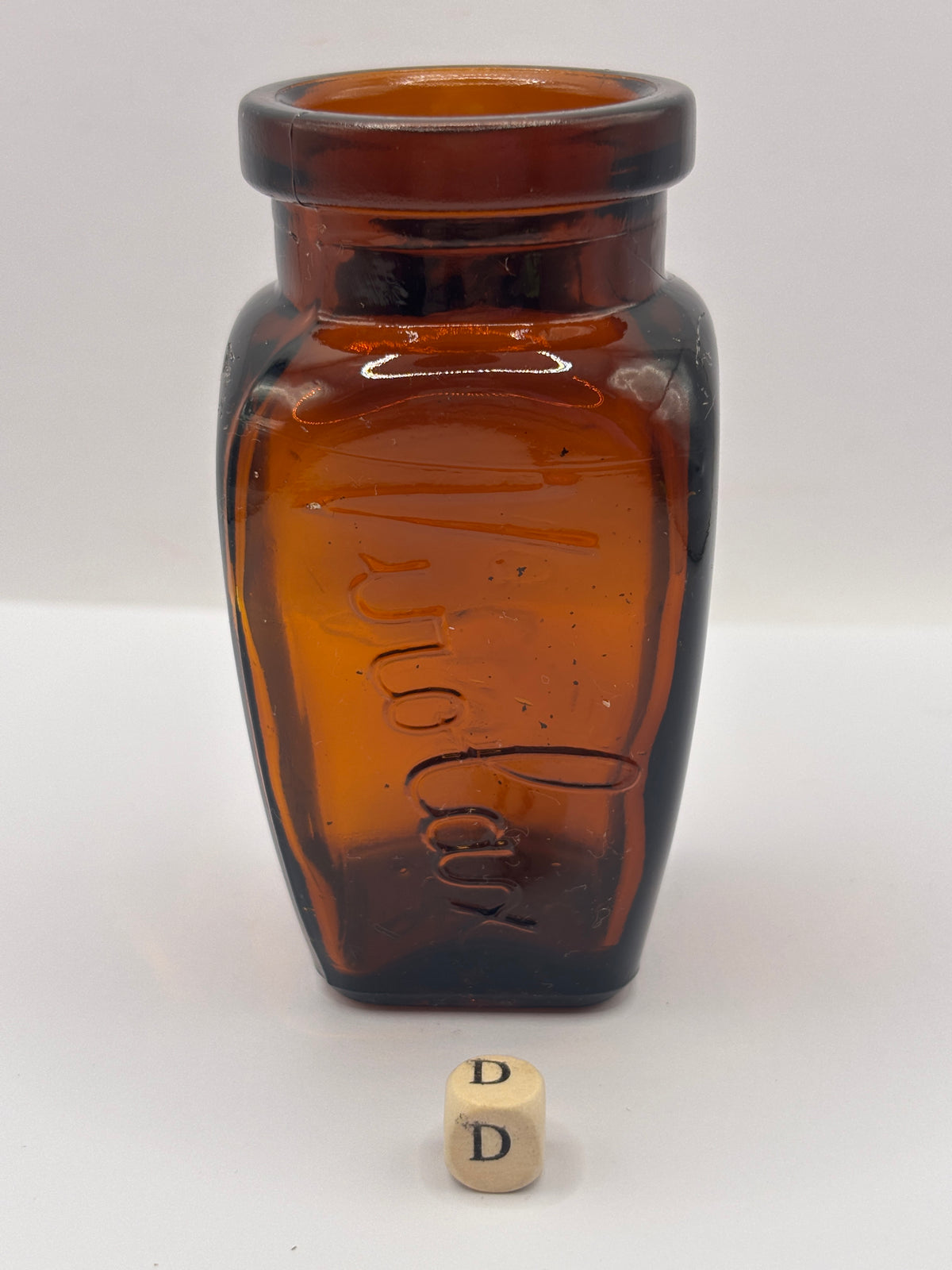 Old amber glass Virolax jar (D)