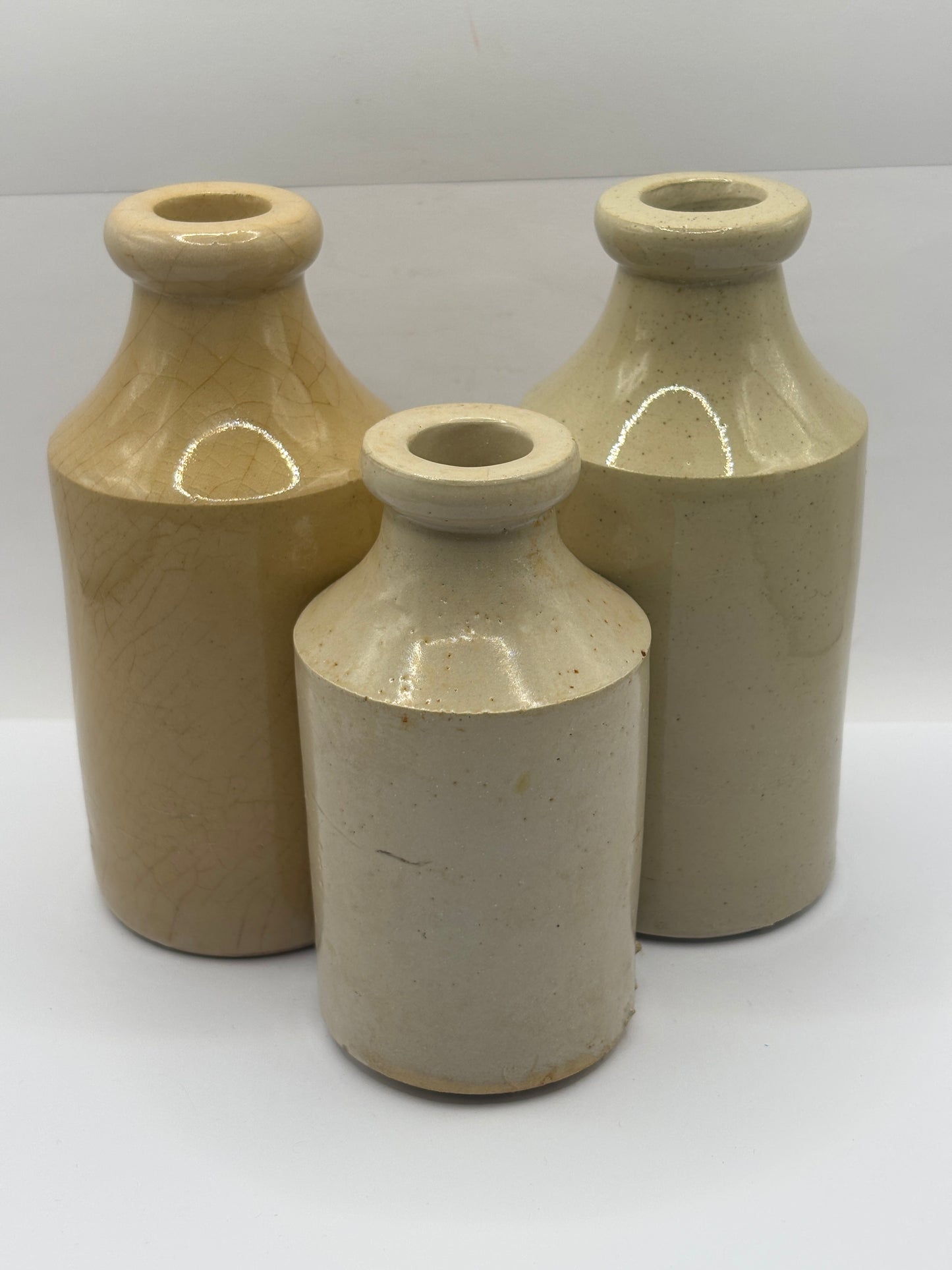3 old stoneware furniture cream pots