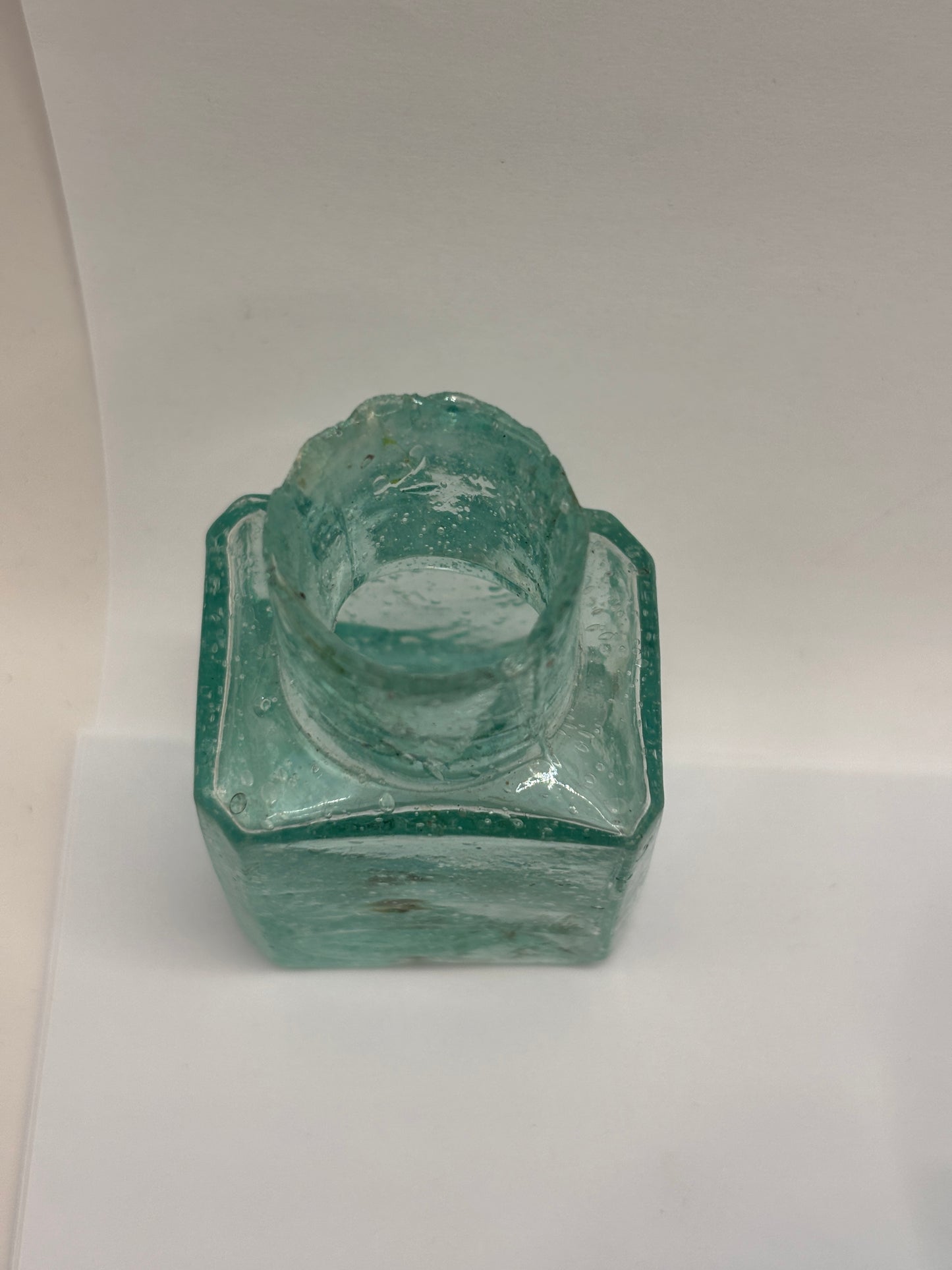 old aqua glass ink,inkwell, ink bottle. bubbly ink