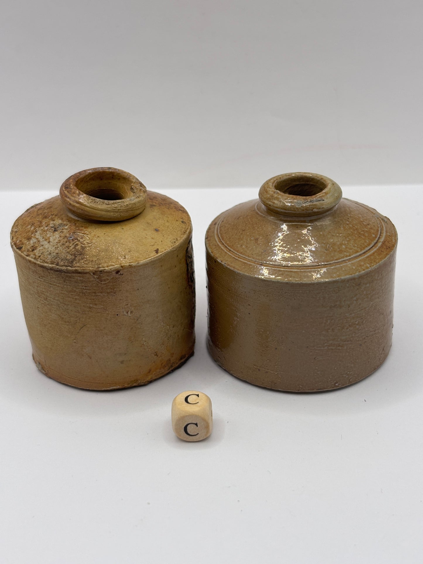 2 brown stoneware inkwells, ink bottles (c) pork pie inks