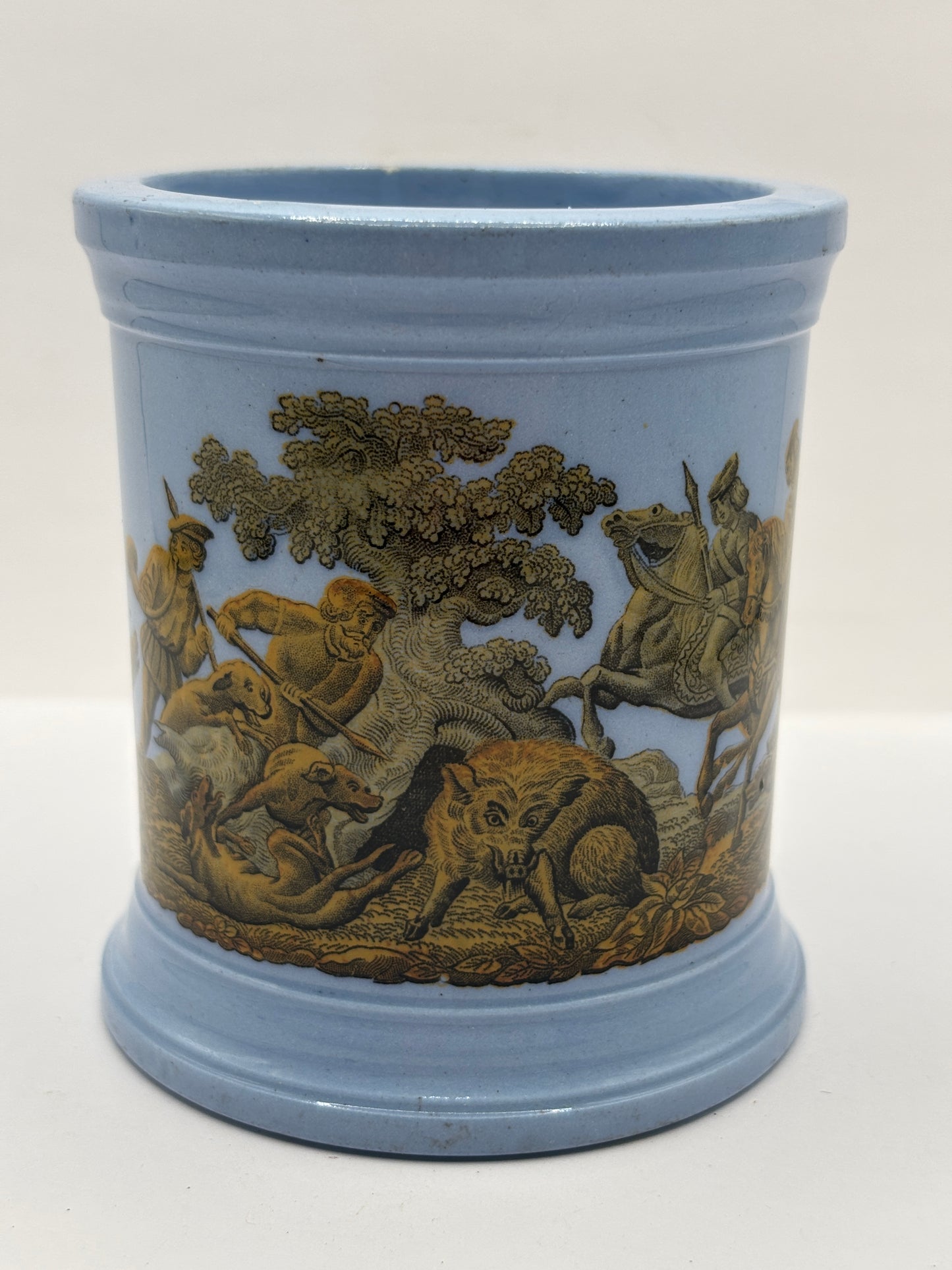 Old blue pictorial Prattware stoneware jar. Diamond reg to bottom