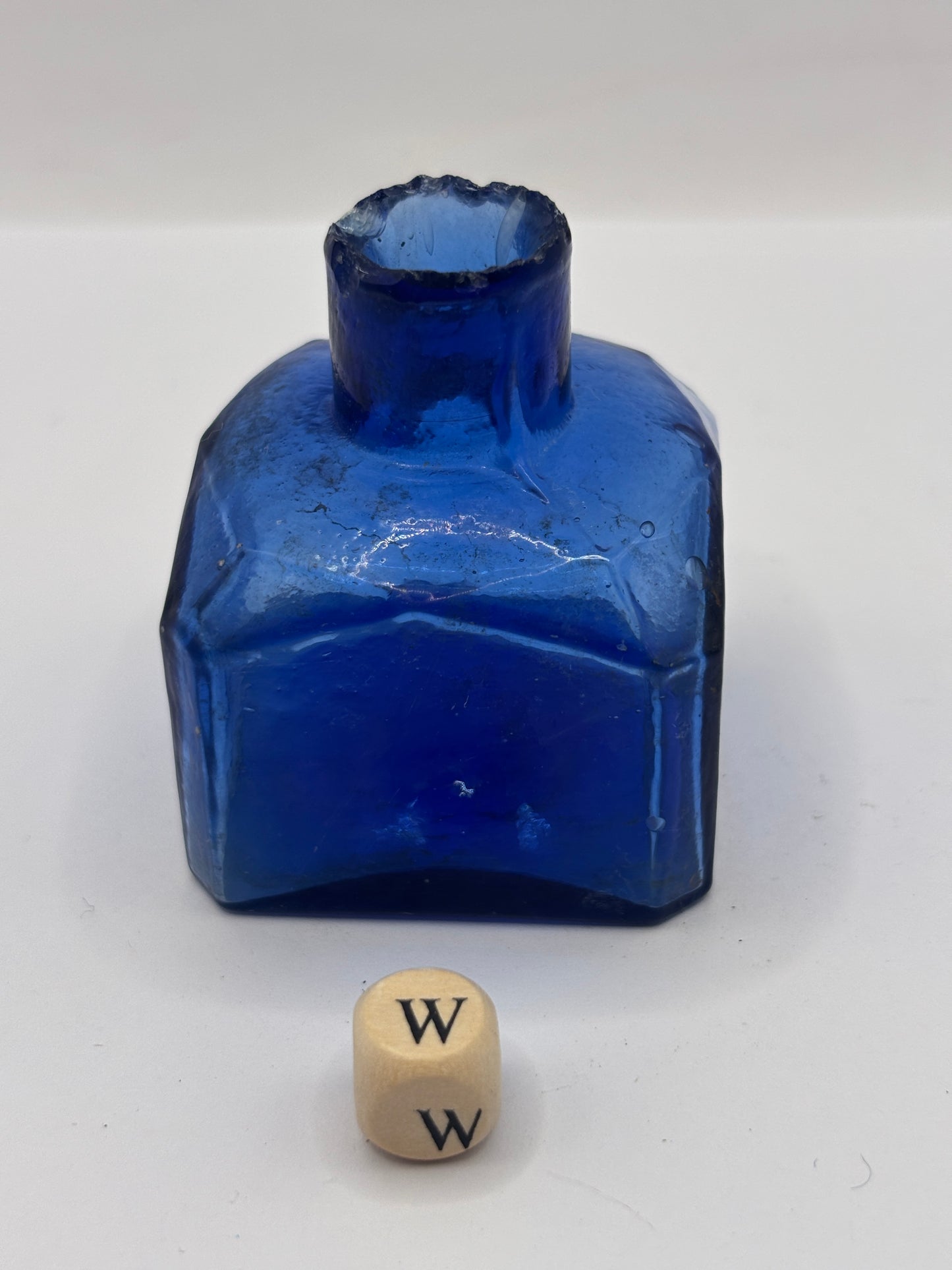 Old blue glass ink bottle, inkwell, penny ink (W)