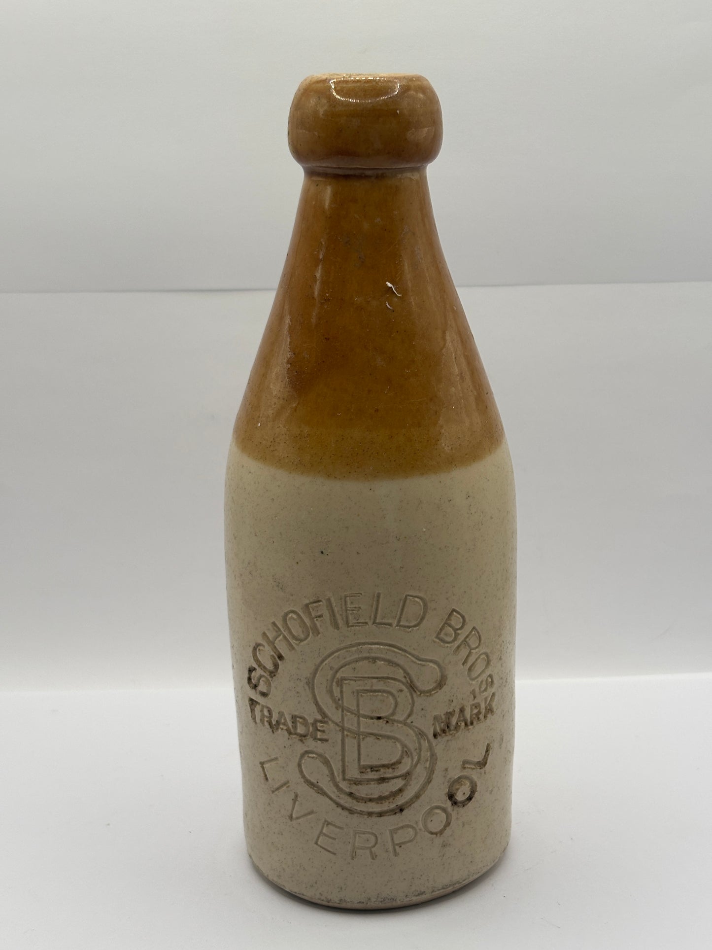 Old impressed stoneware ginger beer bottle, Schofield Bros Liverpool