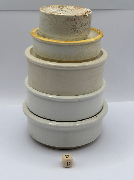 5 old stoneware pot lid bases, stackers (D)