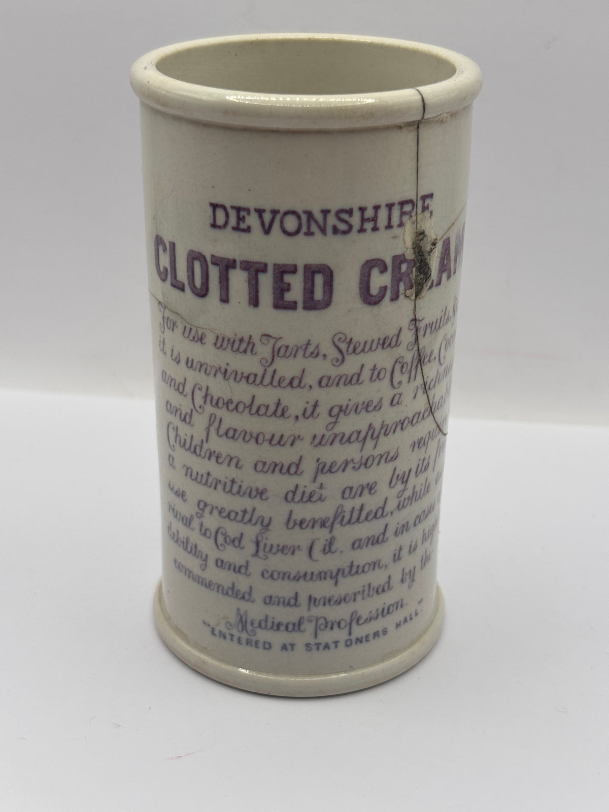 Old rare purple print advertising clotted cream Jar, Horners devonshire clotted cream. Repaired (badly)