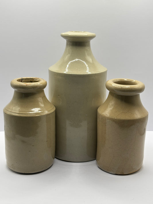 3 old stoneware furniture cream bottles, vase