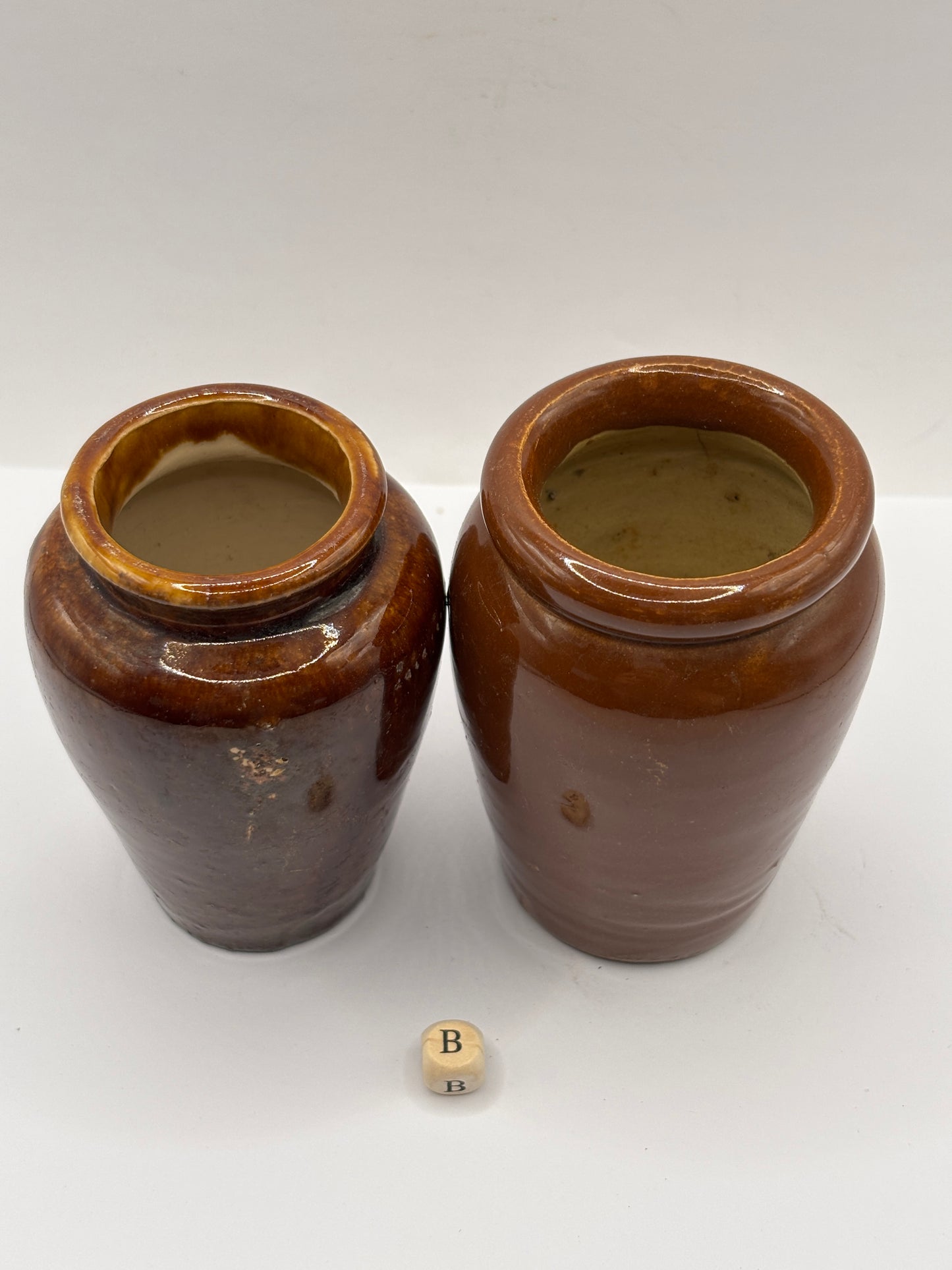 2 old small brown stoneware cream pots (B)