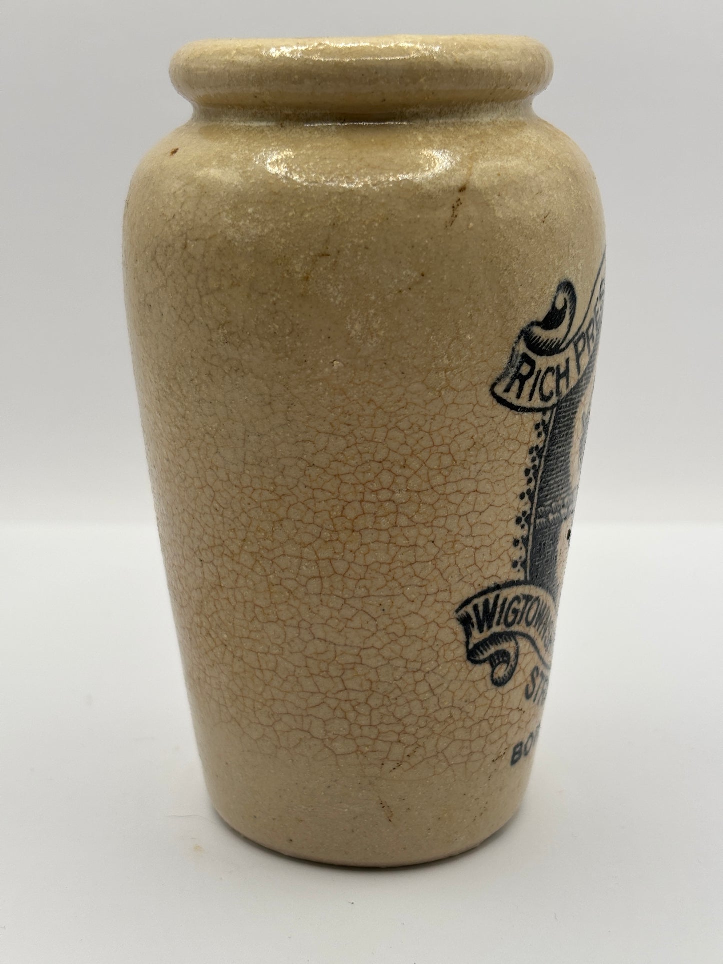 Old advertising cream pot, Rich preserved cream, Stranraer. Stained & crazed