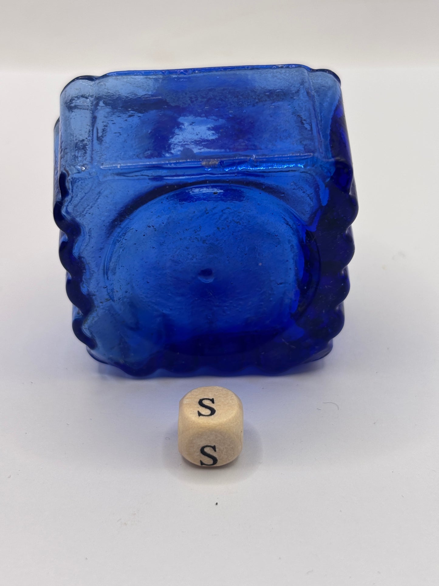 Old blue glass ink bottle, inkwell, penny ink (S)