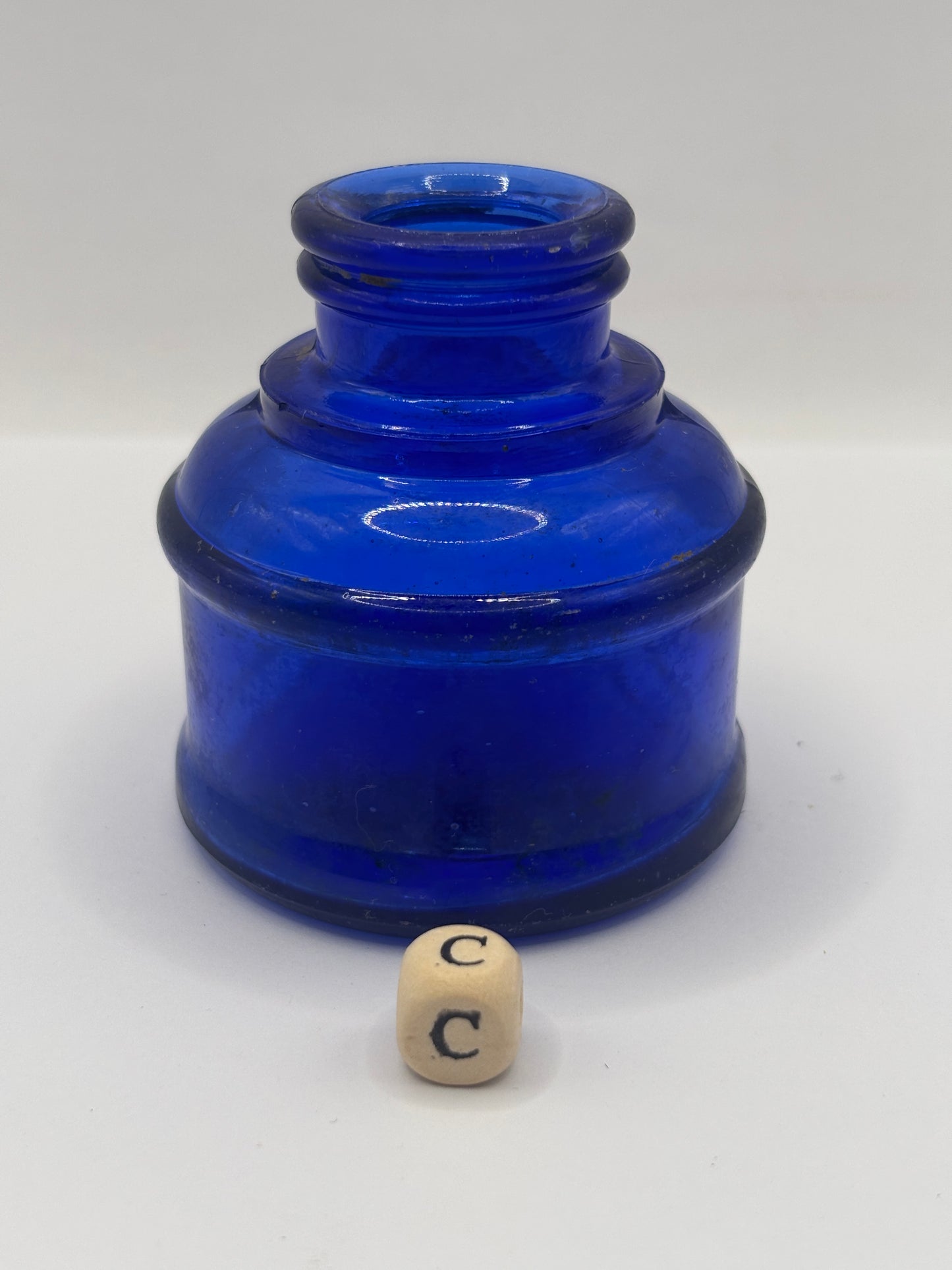 Old blue glass ink bottle, inkwell, penny ink (c)