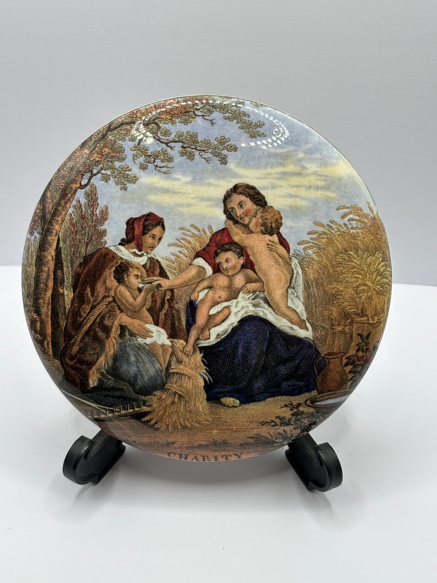Rare Old Prattware lid, “Charity”