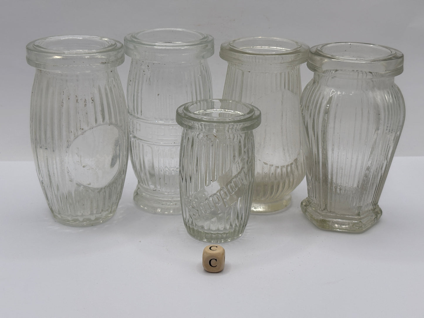 5 old clear glass meat paste jars (c)