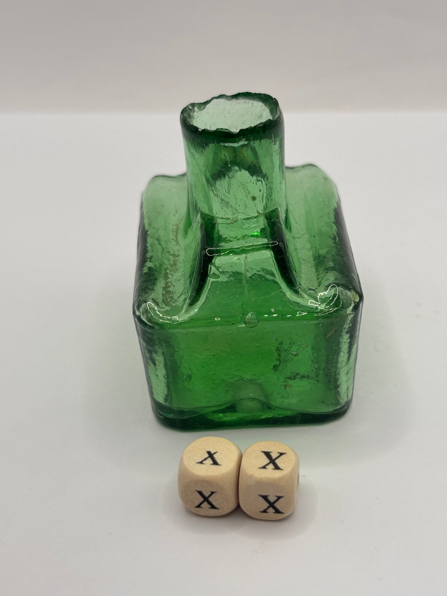 Old green glass boat ink, inkwell (XX)