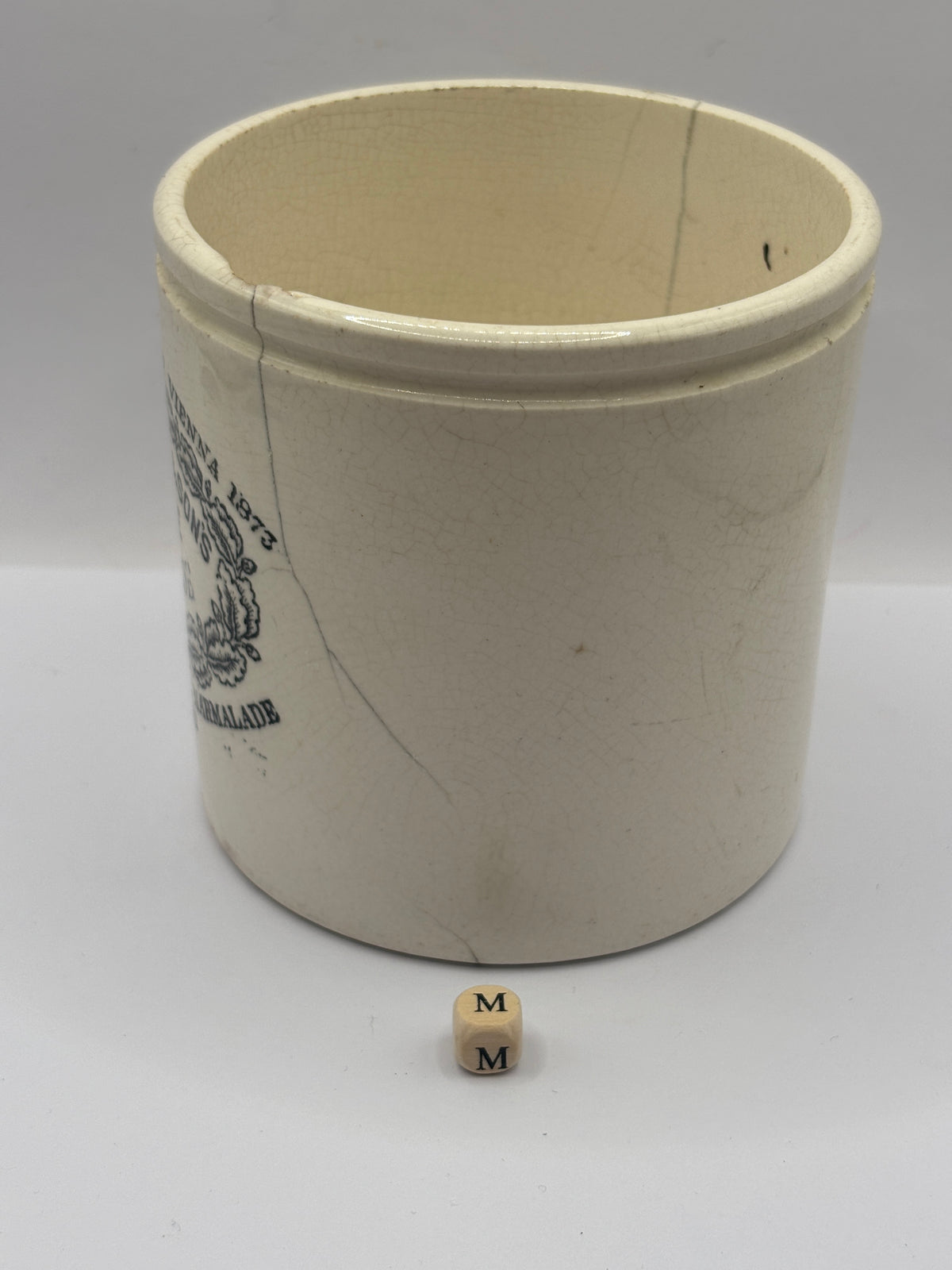 Old 2lb stoneware marmalade pot, James Keiller Dundee marmalade (m) damaged