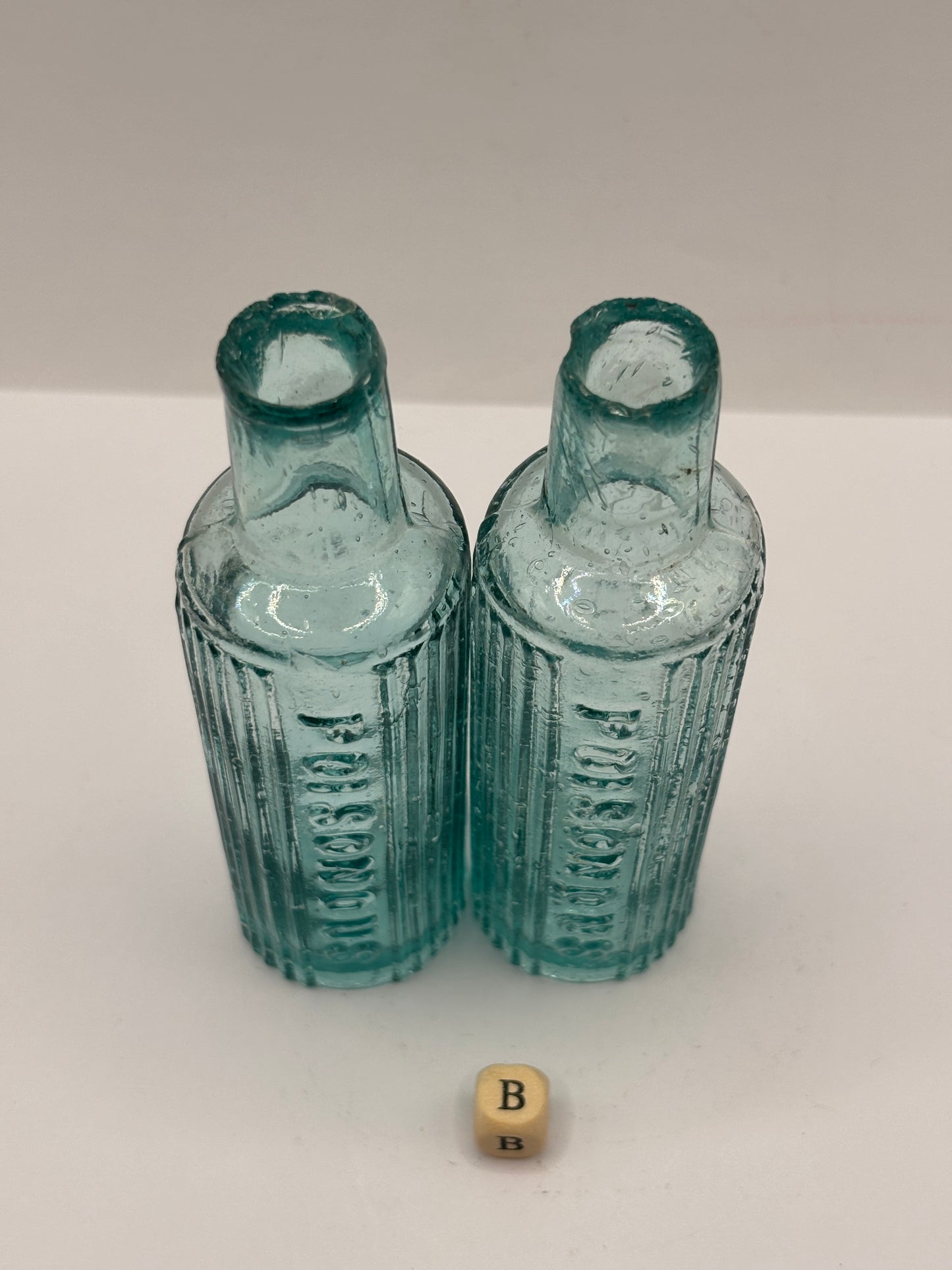 2 old aqua glass poison bottles, POISONOUS (B)