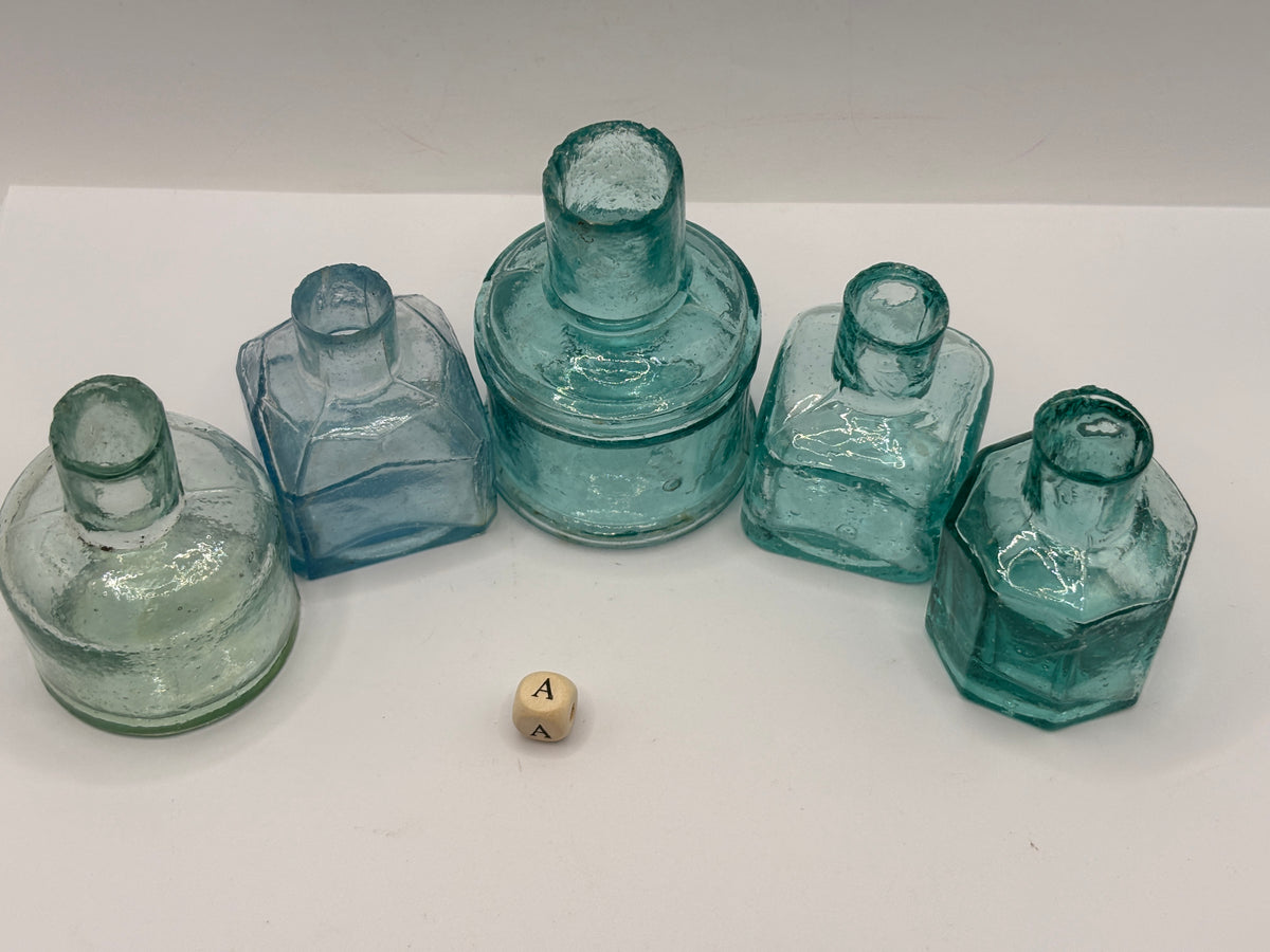 5 old aqua glass inks, inkwells, ink bottles, penny ink (a)