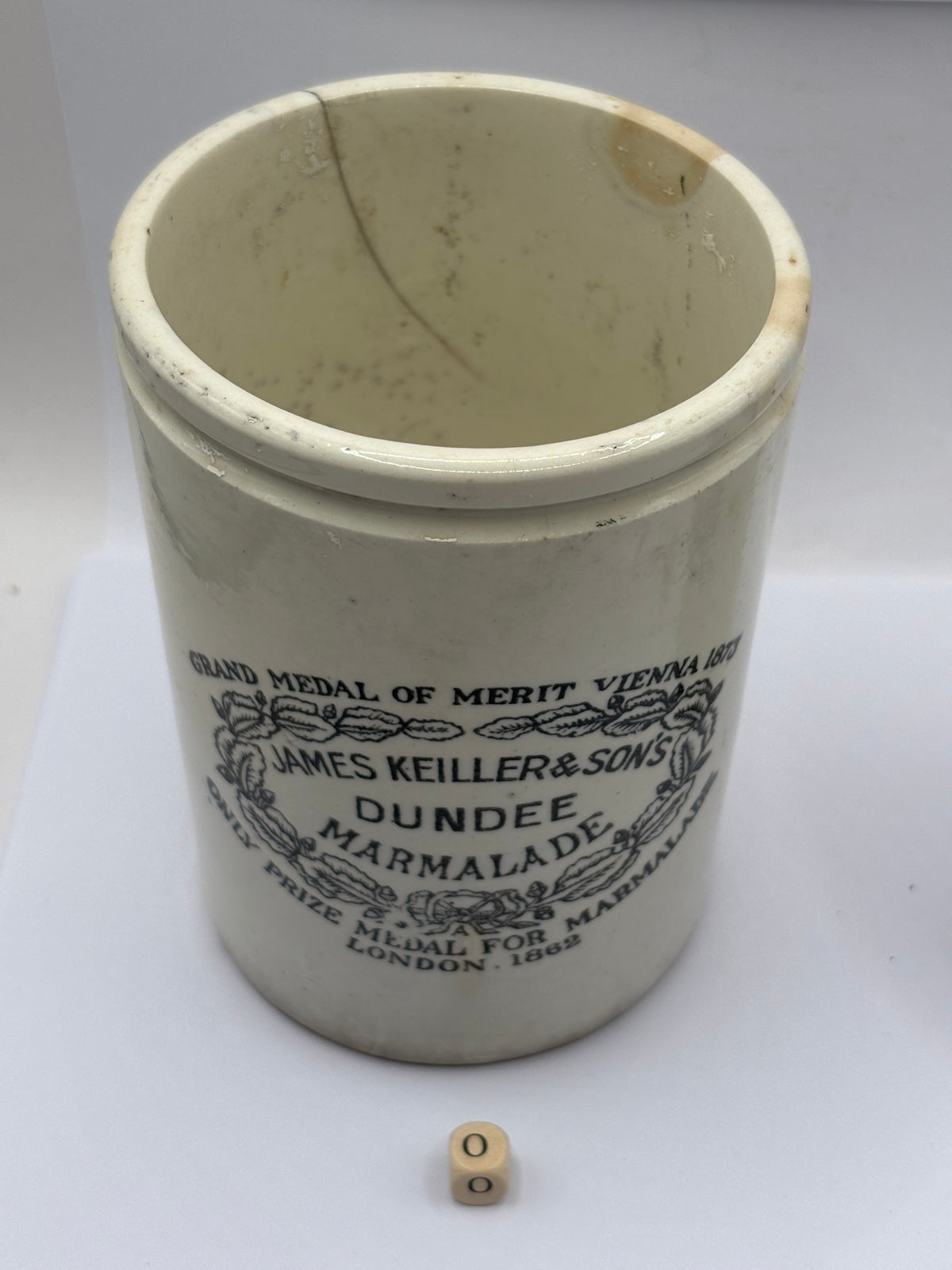 Old 2lb stoneware marmalade pot, James Keiller Dundee marmalade (o)