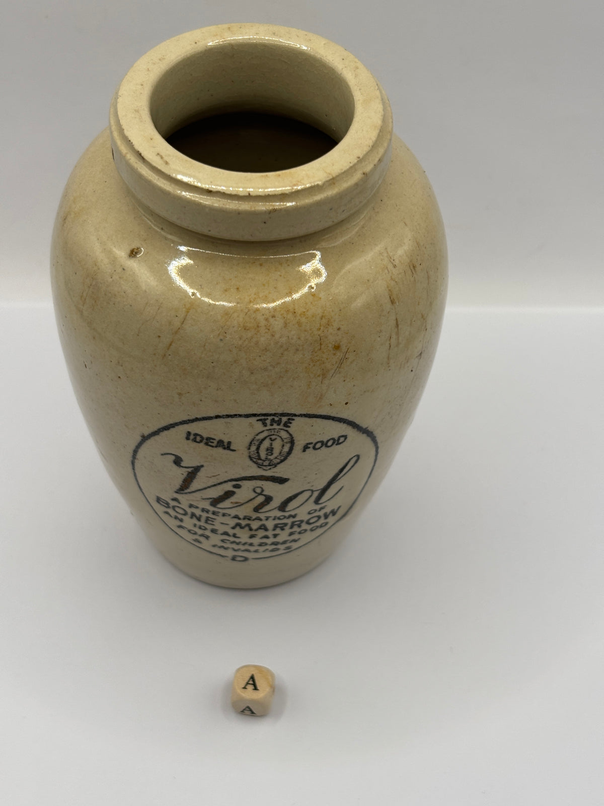 Old advertising stoneware Virol pot, 13.5cms (a)